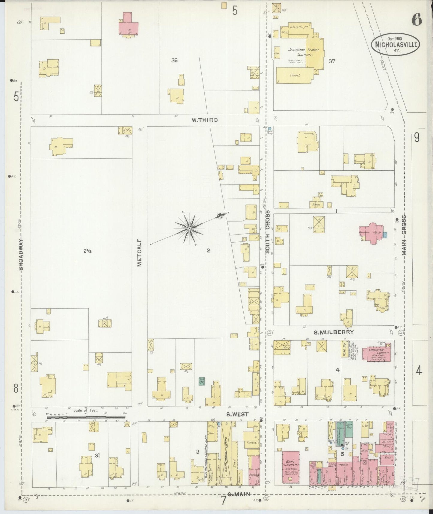Sanborn Fire Insurance Map from Nicholasville, Jessamine County, Kentucky (1903), Sheet #0006 - Historic Sanborn Fire Insurance Map Print, vintage old map wall art, antique decor, genealogy gift, Kentucky Kentucky map