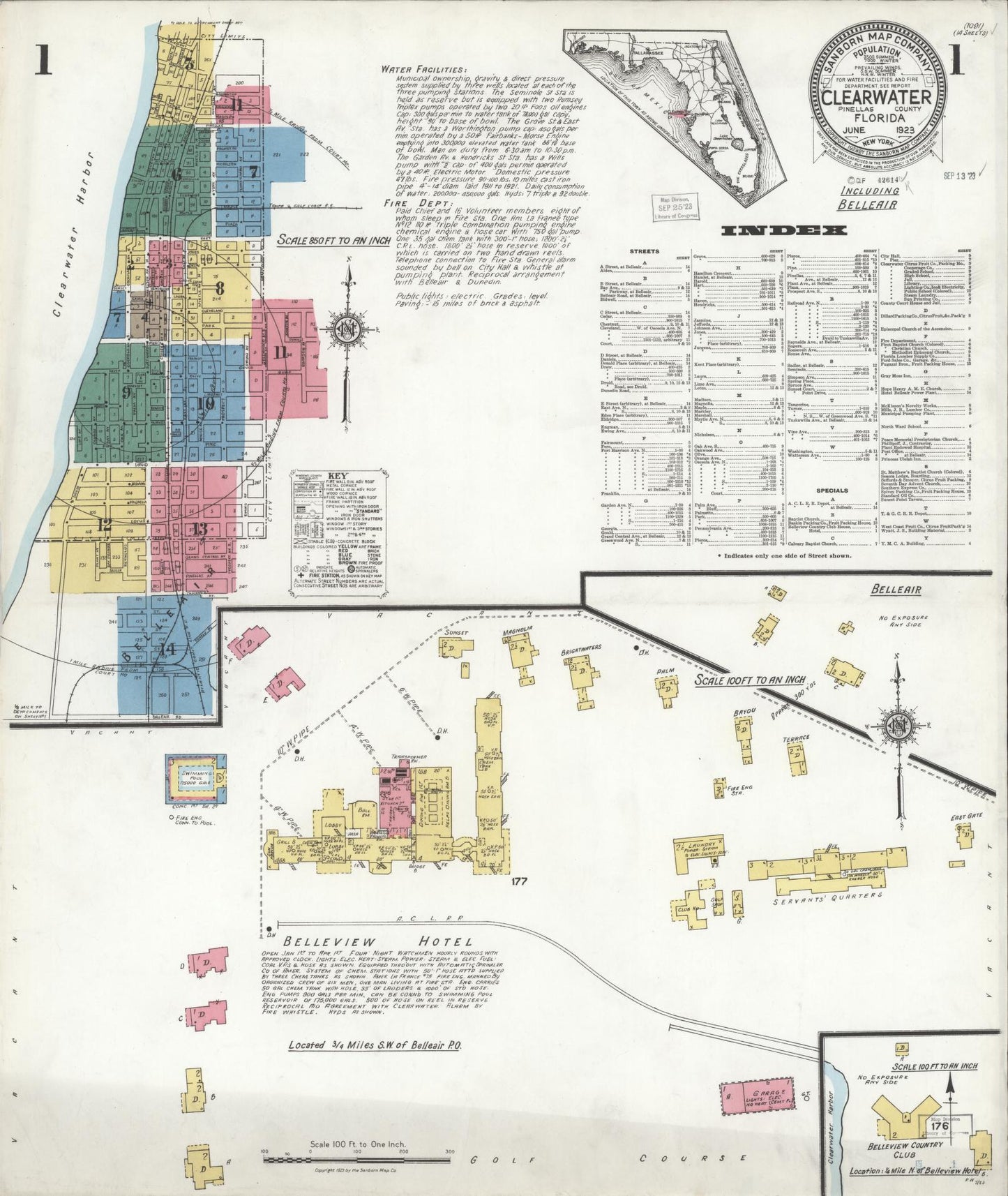 Sanborn Fire Insurance Map from Clearwater, Pinellas County, Florida (1923), Sheet #0001 - Historic Sanborn Fire Insurance Map Print, vintage old map wall art, antique decor, genealogy gift, Florida Florida map