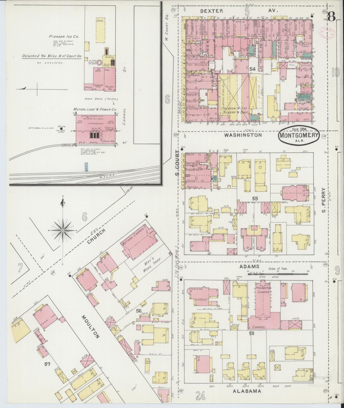 Sanborn Fire Insurance Map from Montgomery, Montgomery County, Alabama (1894), Sheet #0008 - Historic Sanborn Fire Insurance Map Print, vintage old map wall art, antique decor, genealogy gift, Alabama Alabama map