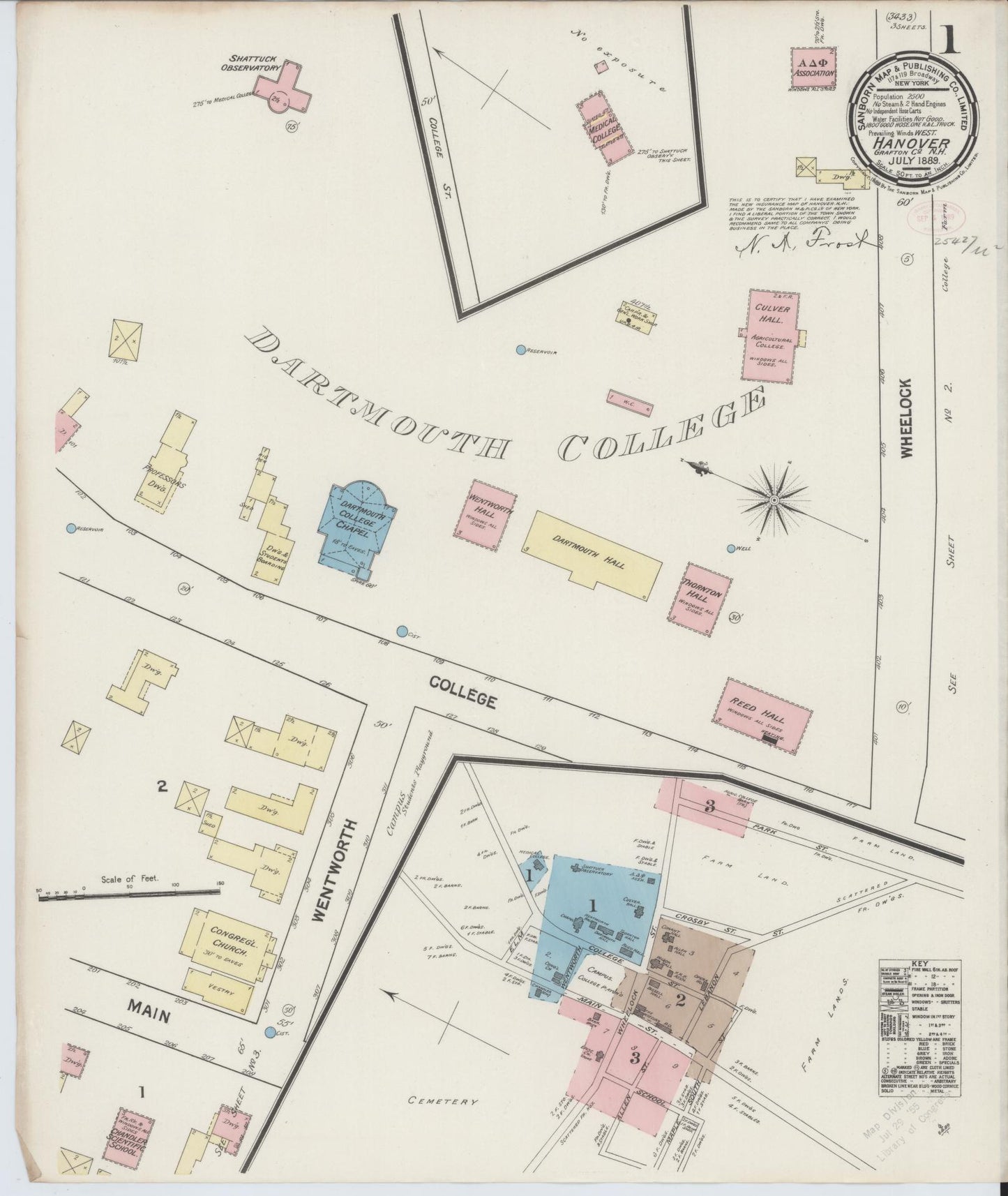 Sanborn Fire Insurance Map from Hanover, Grafton County, New Hampshire (1889), Sheet #0001 - Historic Sanborn Fire Insurance Map Print, vintage old map wall art, antique decor, genealogy gift, New Hampshire New Hampshire map