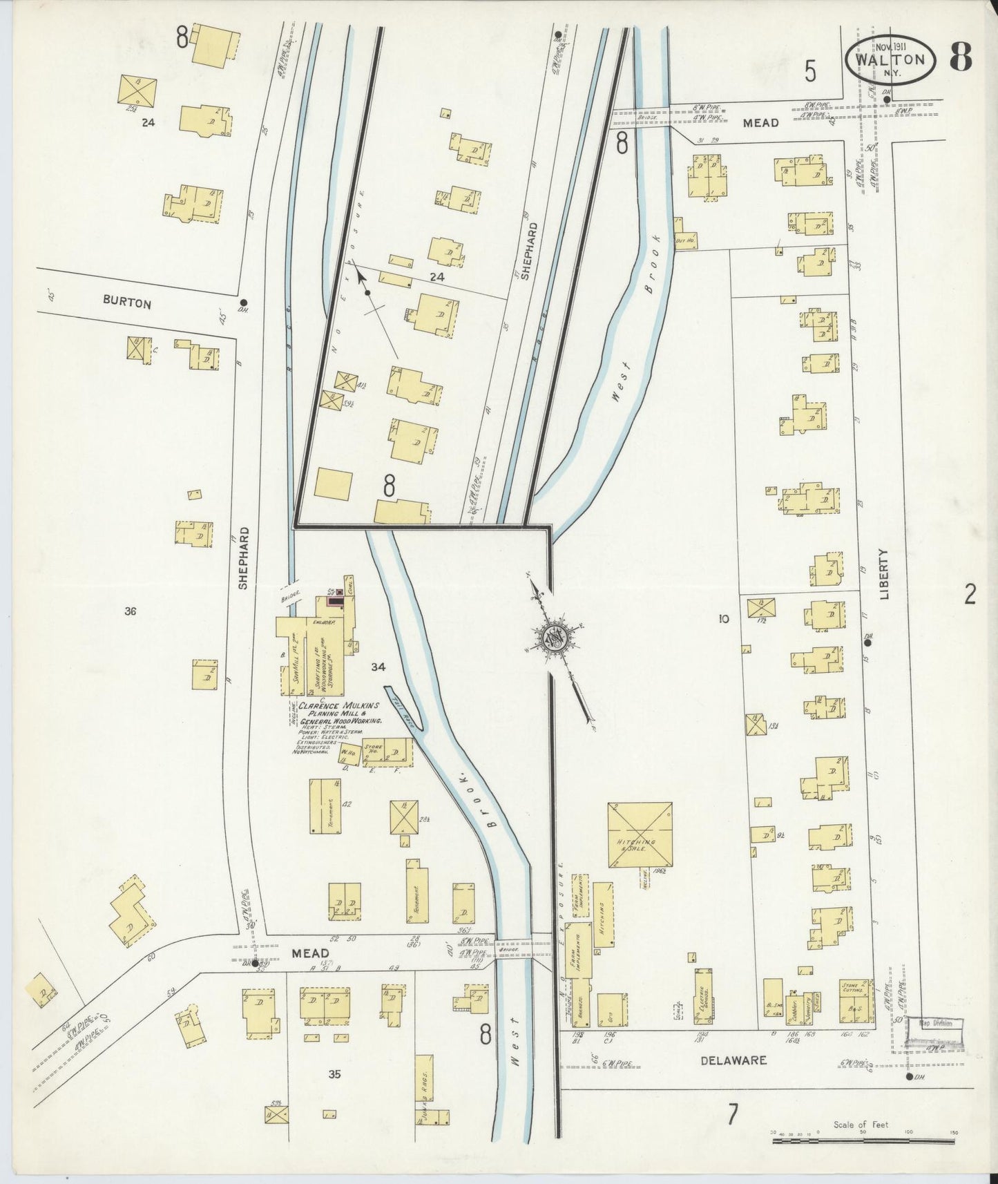 Sanborn Fire Insurance Map from Walton, Delaware County, New York (1911), Sheet #0008 - Historic Sanborn Fire Insurance Map Print, vintage old map wall art, antique decor, genealogy gift, Walton Delaware map