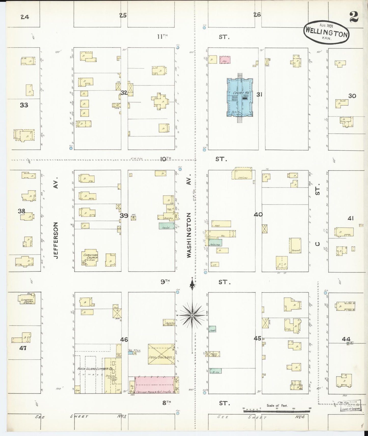 Sanborn Fire Insurance Map from Wellington, Sumner County, Kansas (1891), Sheet #0002 - Historic Sanborn Fire Insurance Map Print, vintage old map wall art, antique decor, genealogy gift, Kansas Kansas map