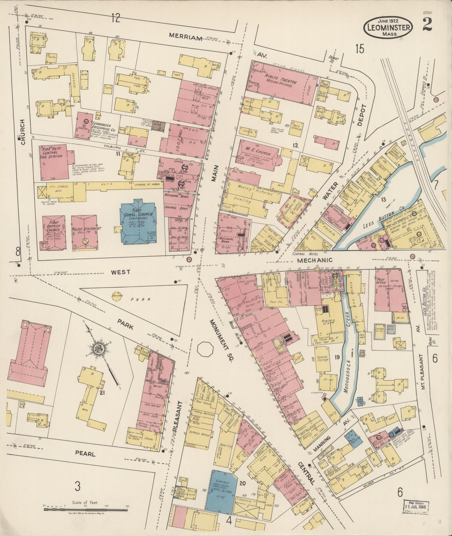 Sanborn Fire Insurance Map from Leominster, Worcester County, Massachusetts (1922), Sheet #0002 - Historic Sanborn Fire Insurance Map Print, vintage old map wall art, antique decor, genealogy gift, Massachusetts Massachusetts map