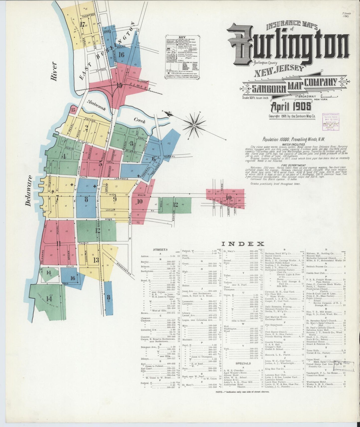 Sanborn Fire Insurance Map from Burlington, Burlington County, New Jersey. (1908) – Historic Sanborn Fire Insurance Map Print