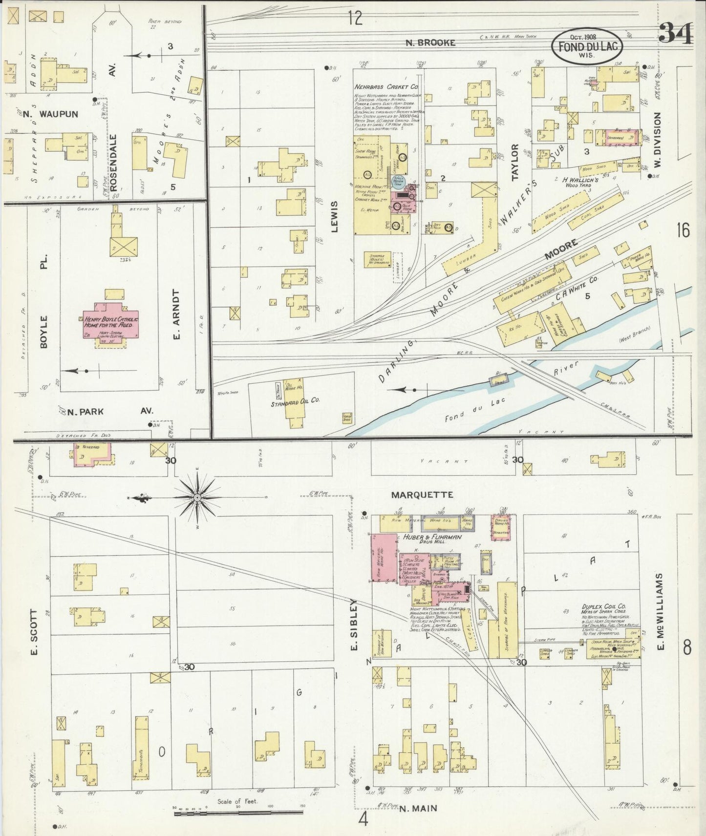Sanborn Fire Insurance Map from Fond du Lac, Fond du Lac County, Wisconsin (1908), Sheet #0034 - Historic Sanborn Fire Insurance Map Print, vintage old map wall art, antique decor, genealogy gift, Wisconsin Wisconsin map