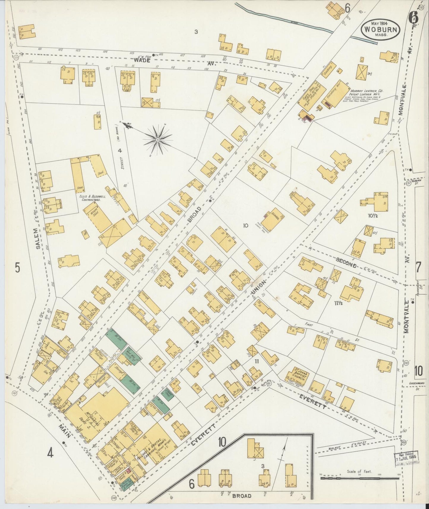 Sanborn Fire Insurance Map from Woburn, Middlesex County, Massachusetts (1904), Sheet #0006 - Historic Sanborn Fire Insurance Map Print, vintage old map wall art, antique decor, genealogy gift, Massachusetts Massachusetts map