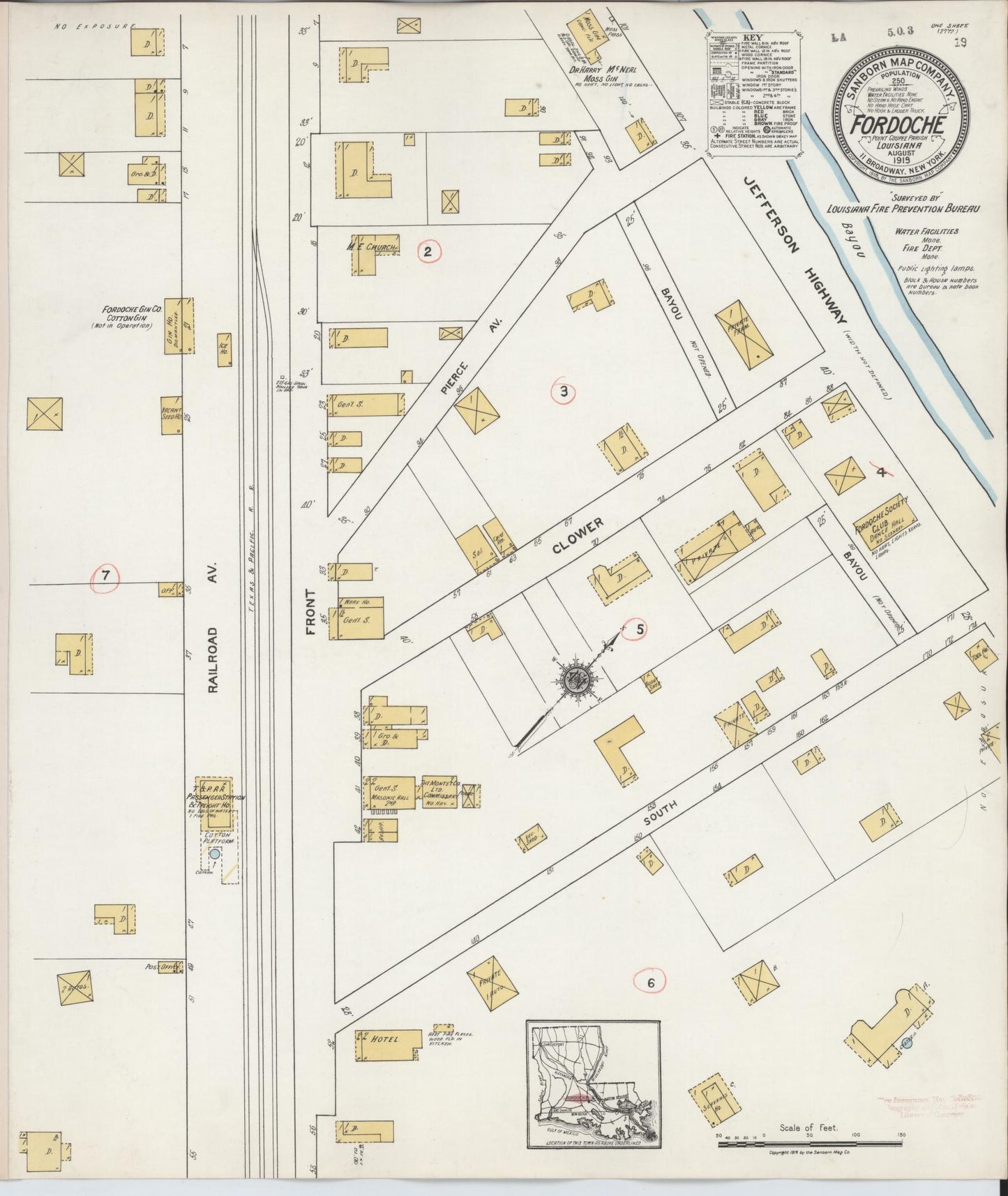 Sanborn Fire Insurance Map from Fordoche, Point Coupee Parish, Louisiana (1919), Sheet #0001 - Historic Sanborn Fire Insurance Map Print, vintage old map wall art, antique decor, genealogy gift, Louisiana Louisiana map