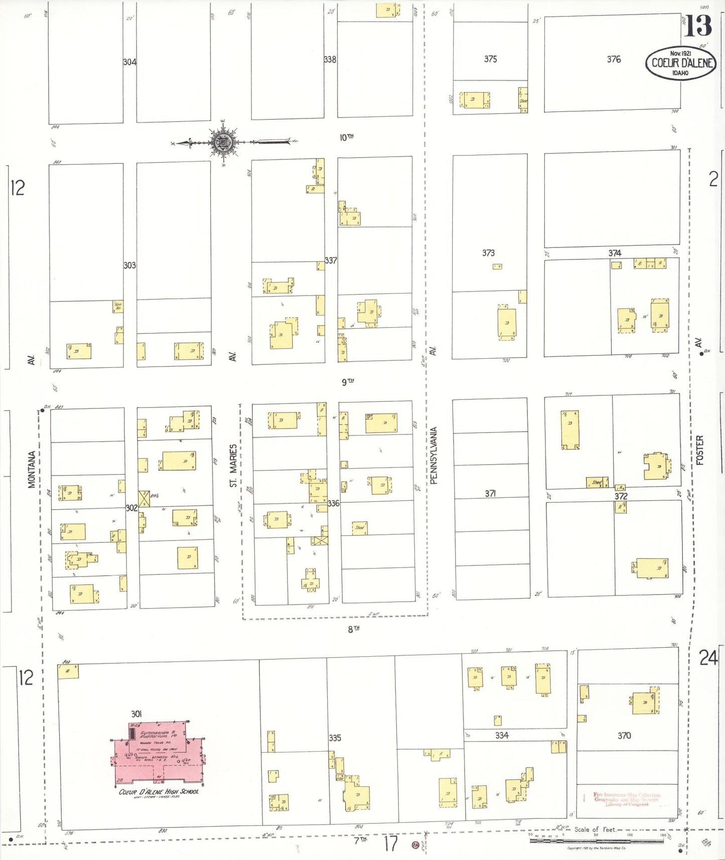 Sanborn Fire Insurance Map from Coeur D'alene, Kootenai County, Idaho (1921), Sheet #0013 - Historic Sanborn Fire Insurance Map Print, vintage old map wall art, antique decor, genealogy gift, Idaho Idaho map