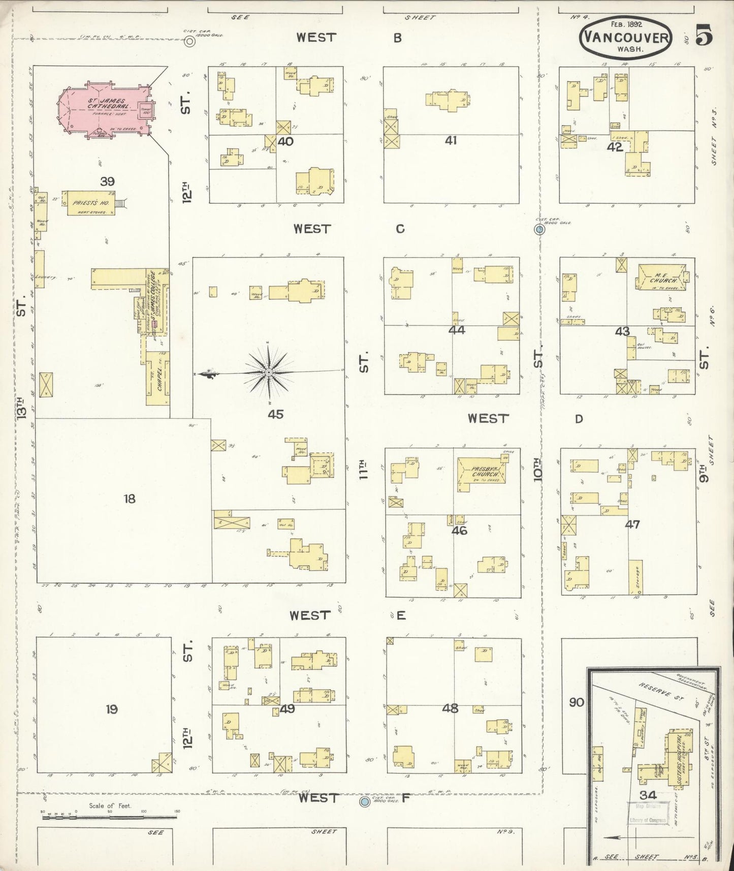 Sanborn Fire Insurance Map from Vancouver, Clark County, Washington (1892), Sheet #0005 - Historic Sanborn Fire Insurance Map Print, vintage old map wall art, antique decor, genealogy gift, Washington Washington map