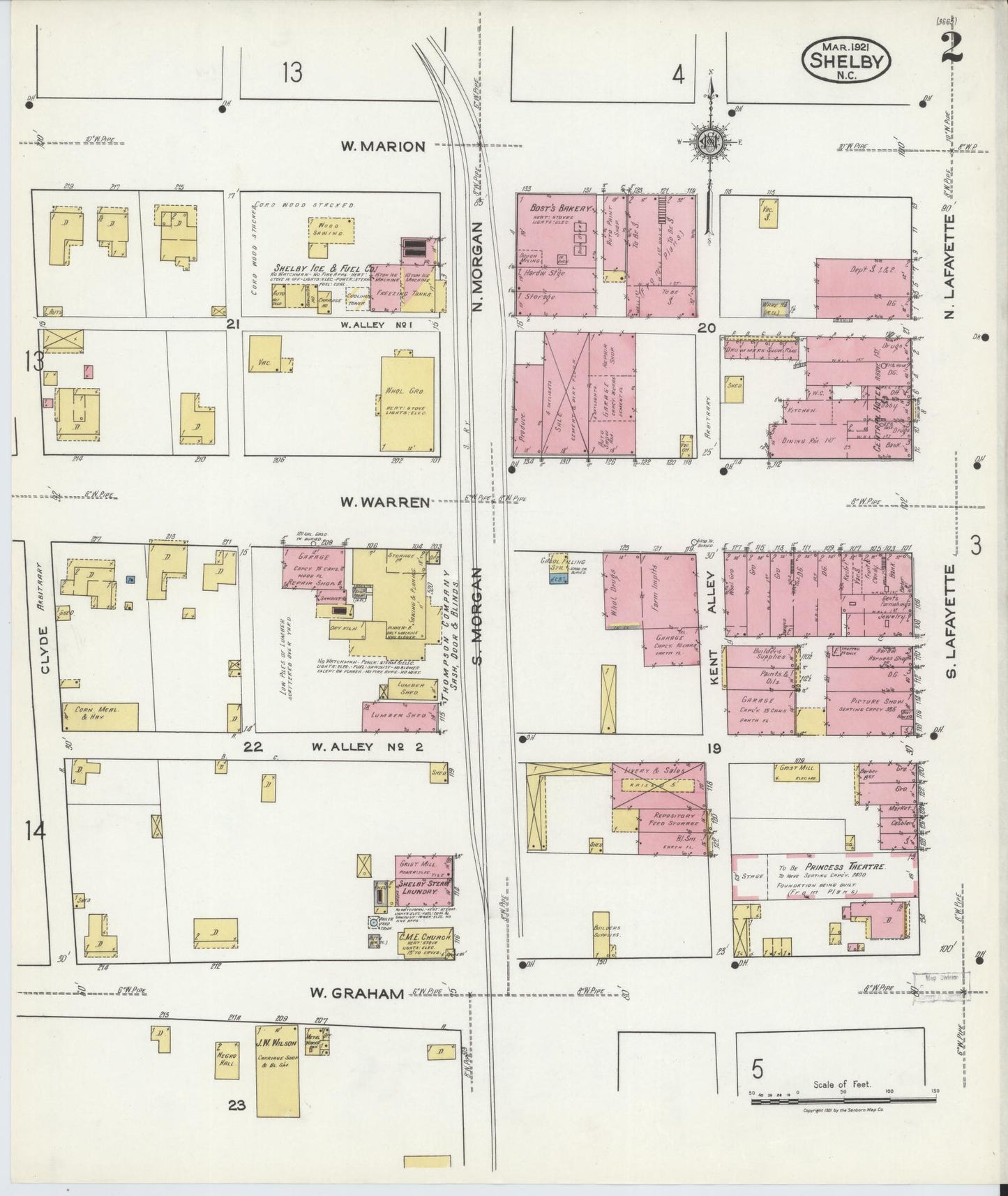 Sanborn Fire Insurance Map from Shelby, Cleveland County, North Carolina (1921), Sheet #0002 - Historic Sanborn Fire Insurance Map Print, vintage old map wall art, antique decor, genealogy gift, North Carolina North Carolina map