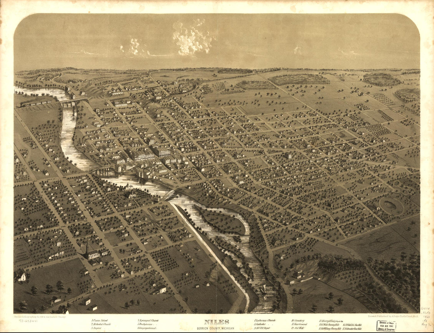 Niles, Berrien County, Michigan. (1868) – Historic Bird’s-Eye View Panorama Print