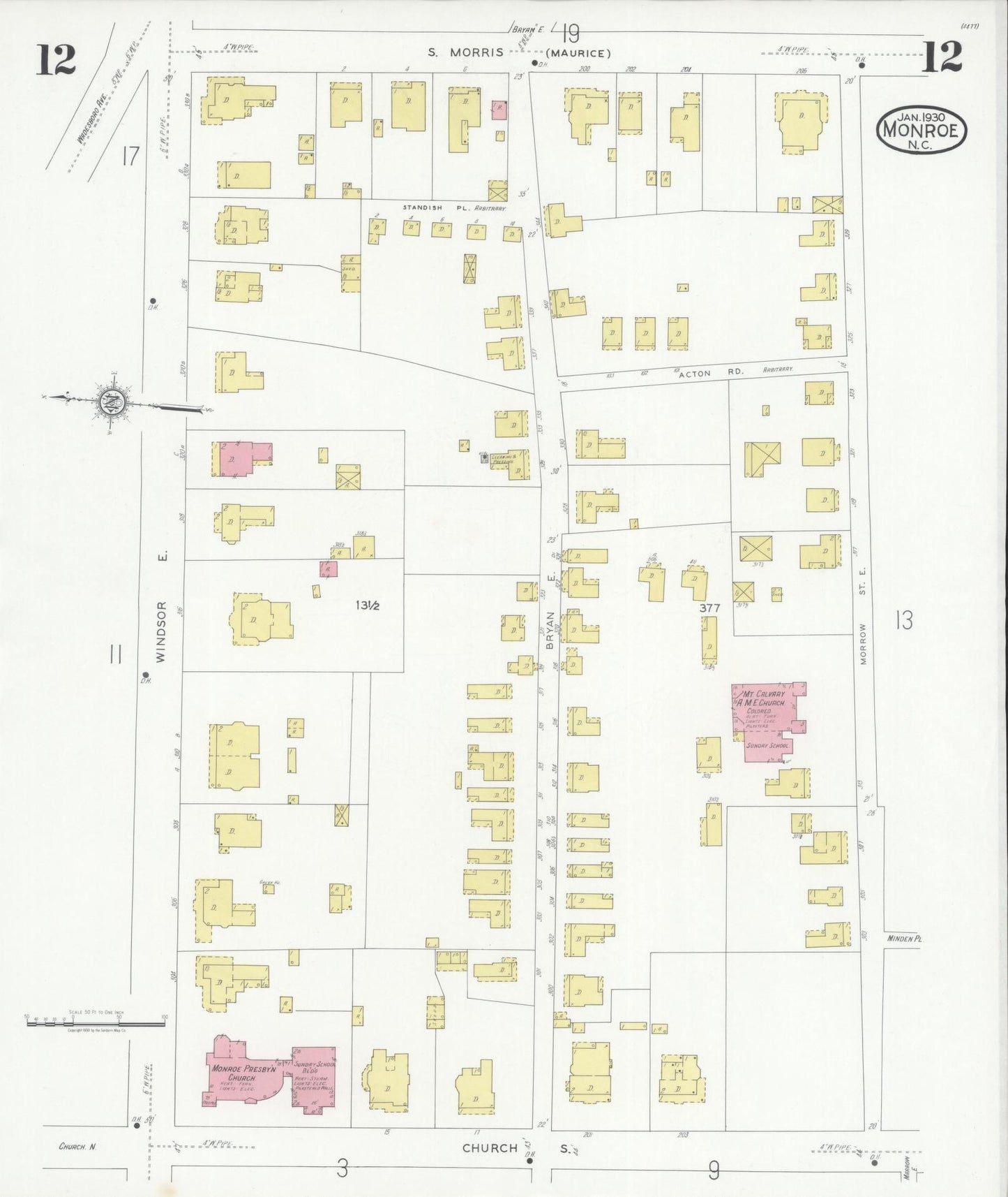 Sanborn Fire Insurance Map from Monroe, Union County, North Carolina (1930), Sheet #0012 - Historic Sanborn Fire Insurance Map Print, vintage old map wall art, antique decor, genealogy gift, North Carolina North Carolina map