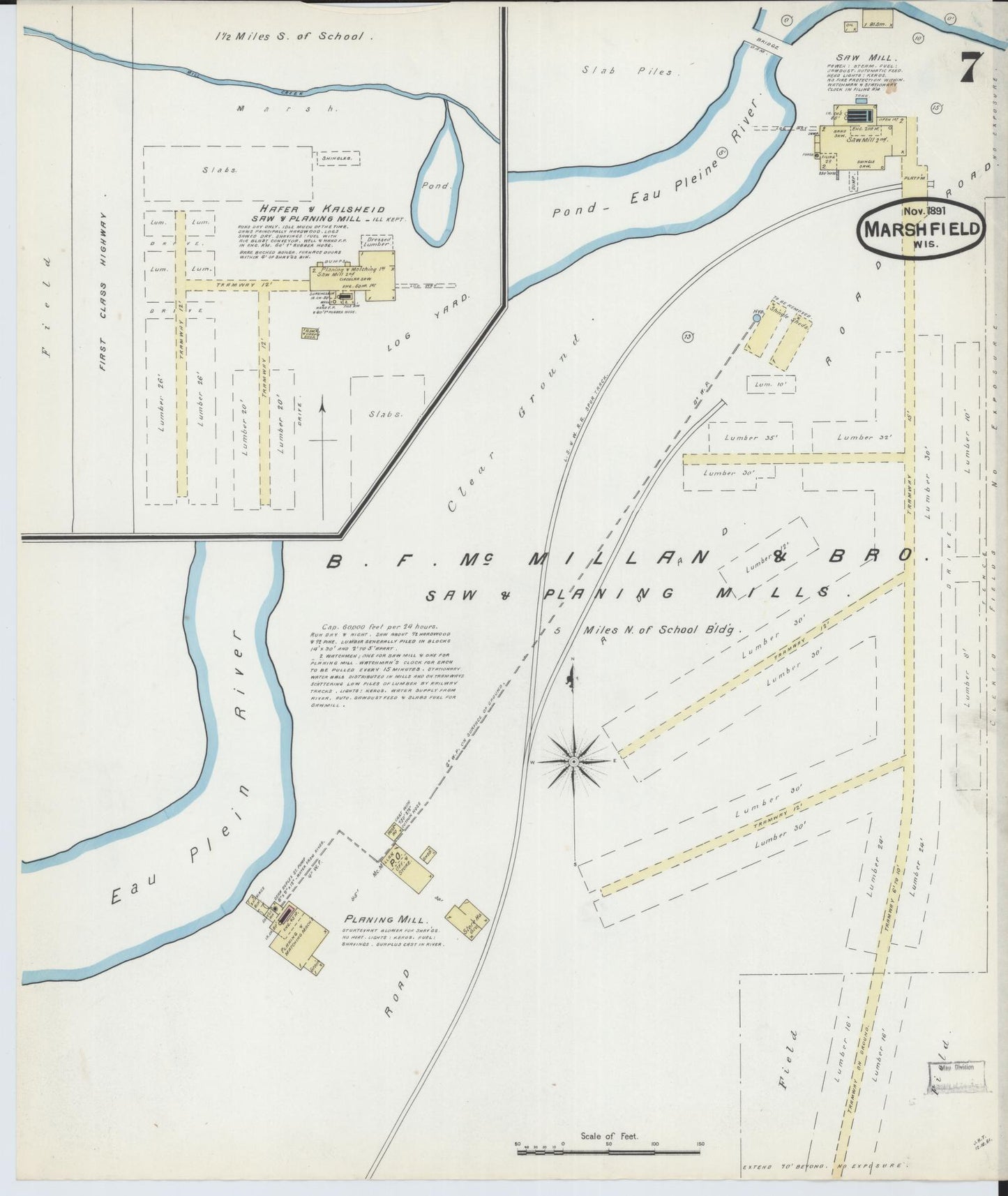 Sanborn Fire Insurance Map from Marshfield, Wood County, Wisconsin (1891), Sheet #0007 - Historic Sanborn Fire Insurance Map Print, vintage old map wall art, antique decor, genealogy gift, Wisconsin Wisconsin map