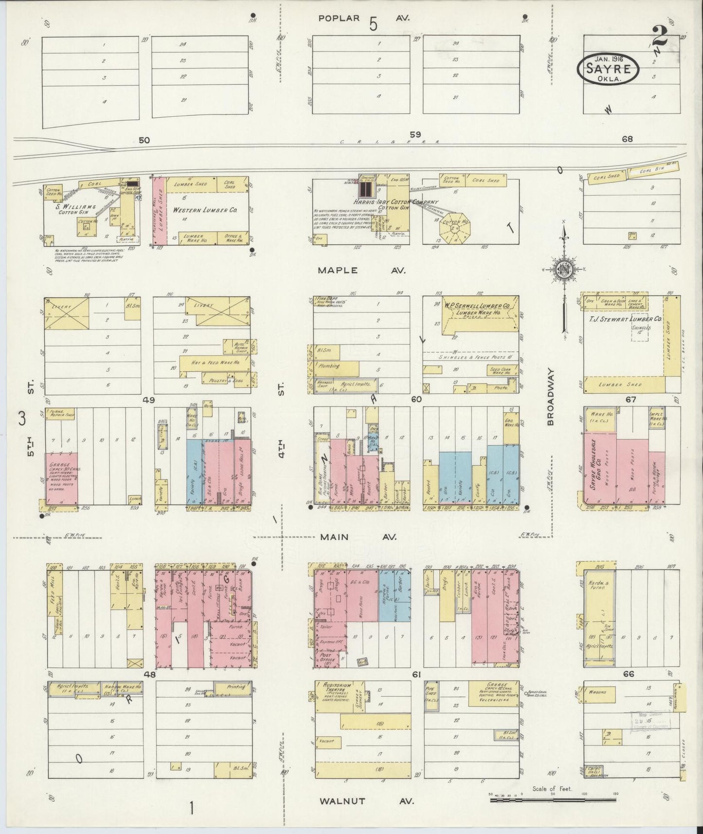 Sanborn Fire Insurance Map from Sayre, Beckham County, Oklahoma (1916), Sheet #0002 - Historic Sanborn Fire Insurance Map Print, vintage old map wall art, antique decor, genealogy gift, Oklahoma Oklahoma map