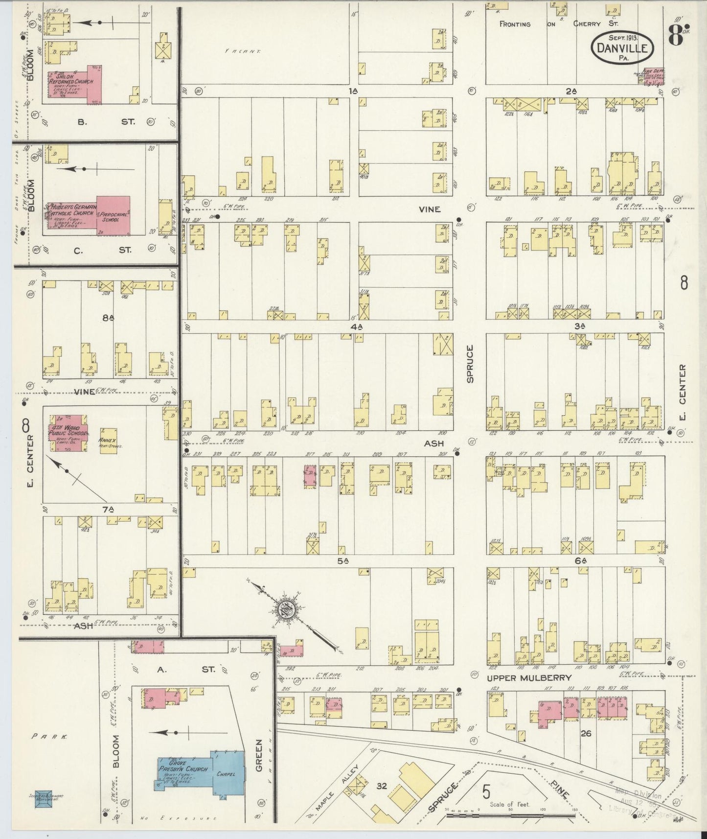Sanborn Fire Insurance Map from Danville, Montour County, Pennsylvania (1913), Sheet #0008 - Historic Sanborn Fire Insurance Map Print, vintage old map wall art, antique decor, genealogy gift, Pennsylvania Pennsylvania map