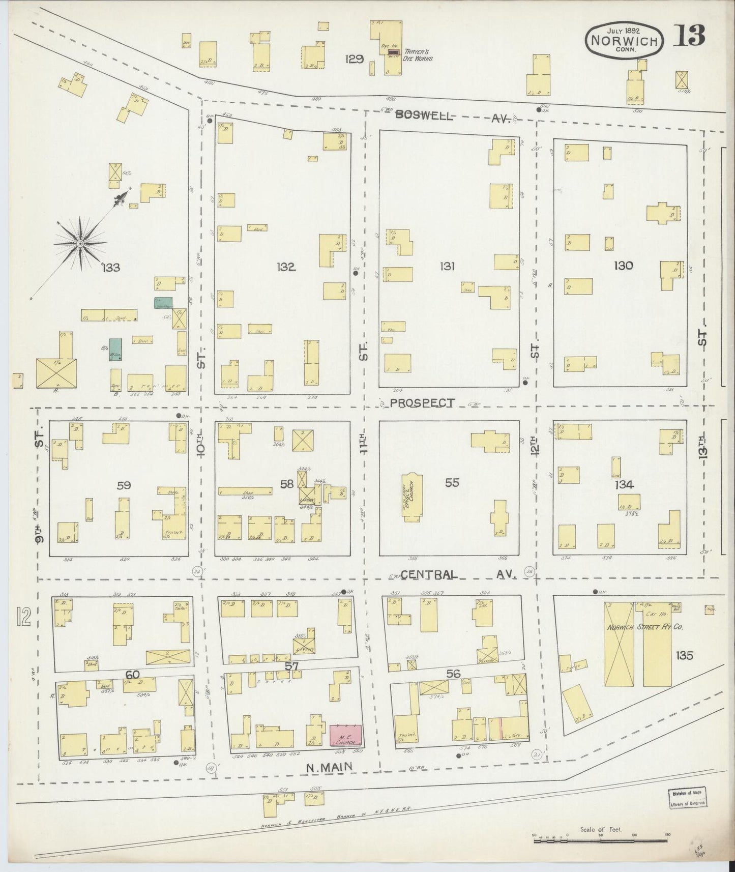 Sanborn Fire Insurance Map from Norwich, New London County, Connecticut (1892), Sheet #0013 - Historic Sanborn Fire Insurance Map Print, vintage old map wall art, antique decor, genealogy gift, Connecticut Connecticut map