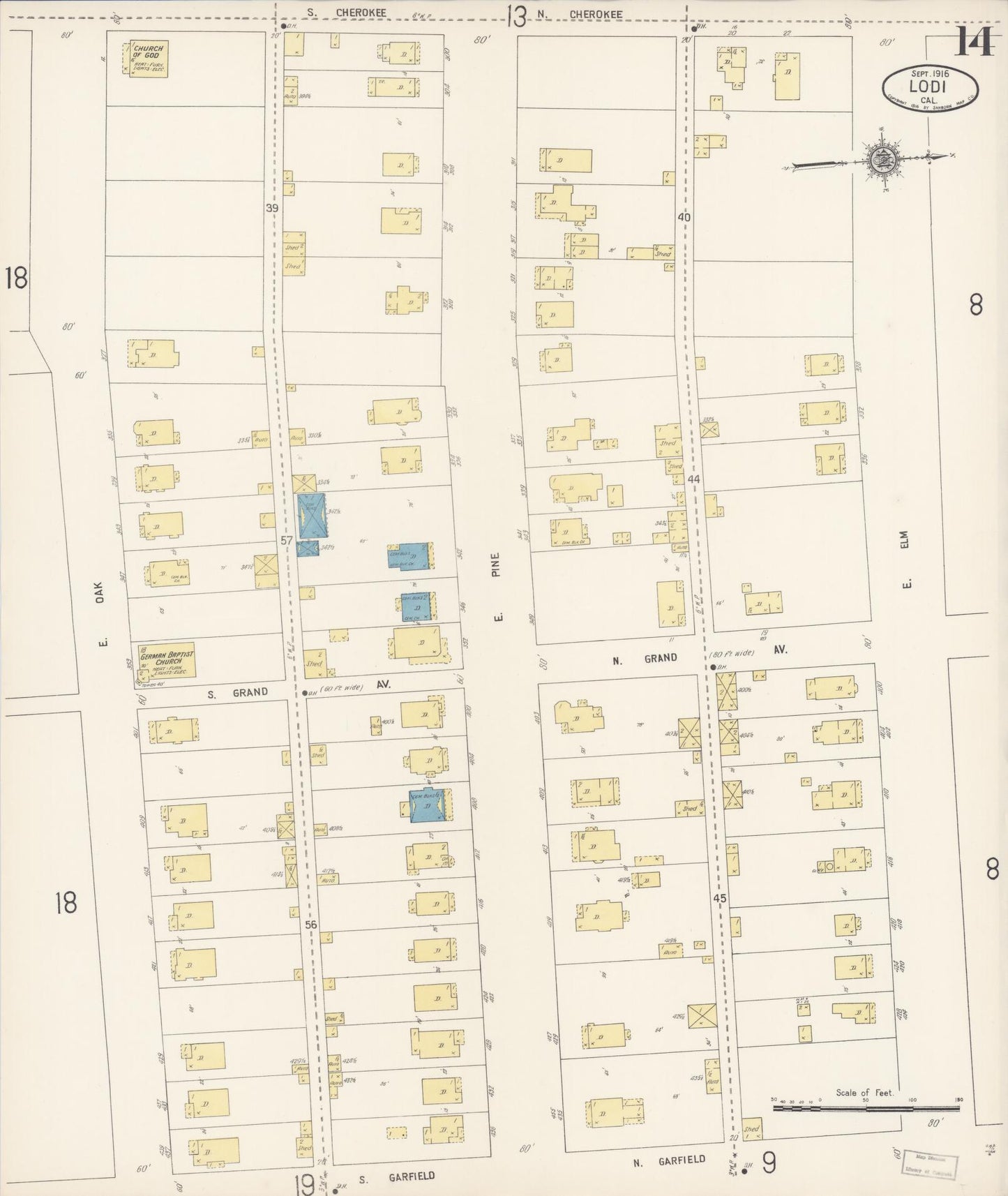 Sanborn Fire Insurance Map from Lodi, San Joaquin County, California (1916), Sheet #0014 - Historic Sanborn Fire Insurance Map Print, vintage old map wall art, antique decor, genealogy gift, California California map