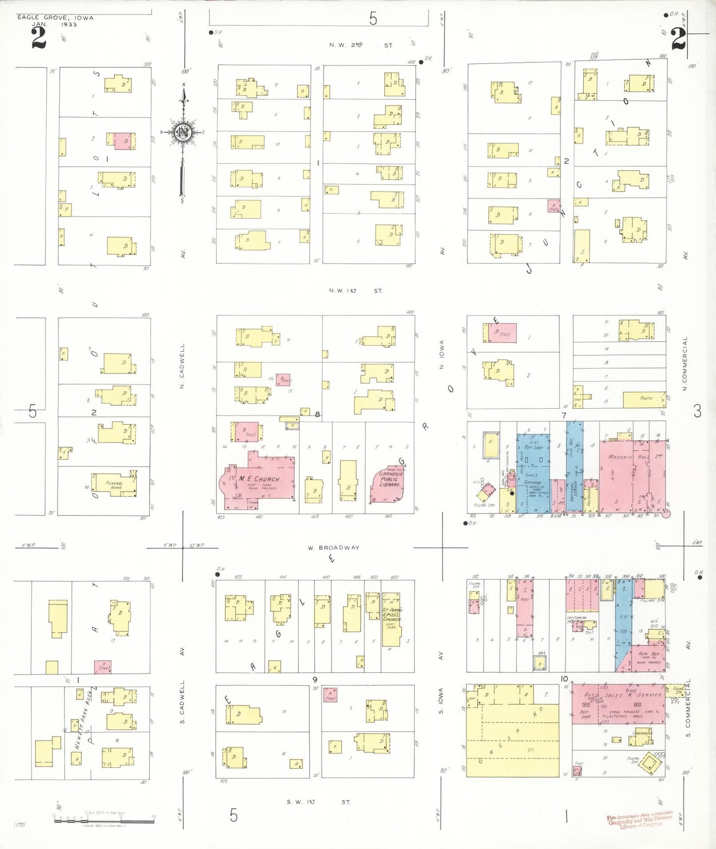Sanborn Fire Insurance Map from Eagle Grove, Wright County, Iowa (1933), Sheet #0002 - Historic Sanborn Fire Insurance Map Print, vintage old map wall art