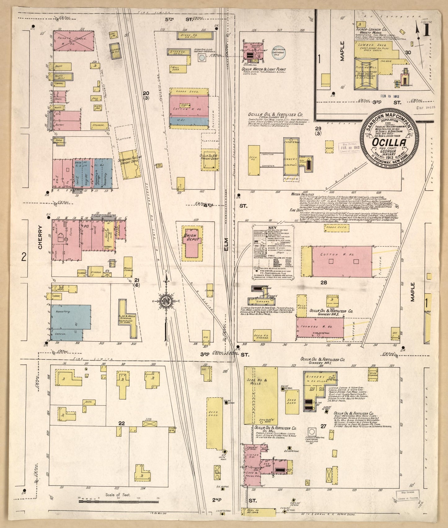 Sanborn Fire Insurance Map from Ocilla, Irwin County, Georgia (1912), Sheet #0001 - Historic Sanborn Fire Insurance Map Print, vintage old map wall art, antique decor, genealogy gift, Georgia Georgia map