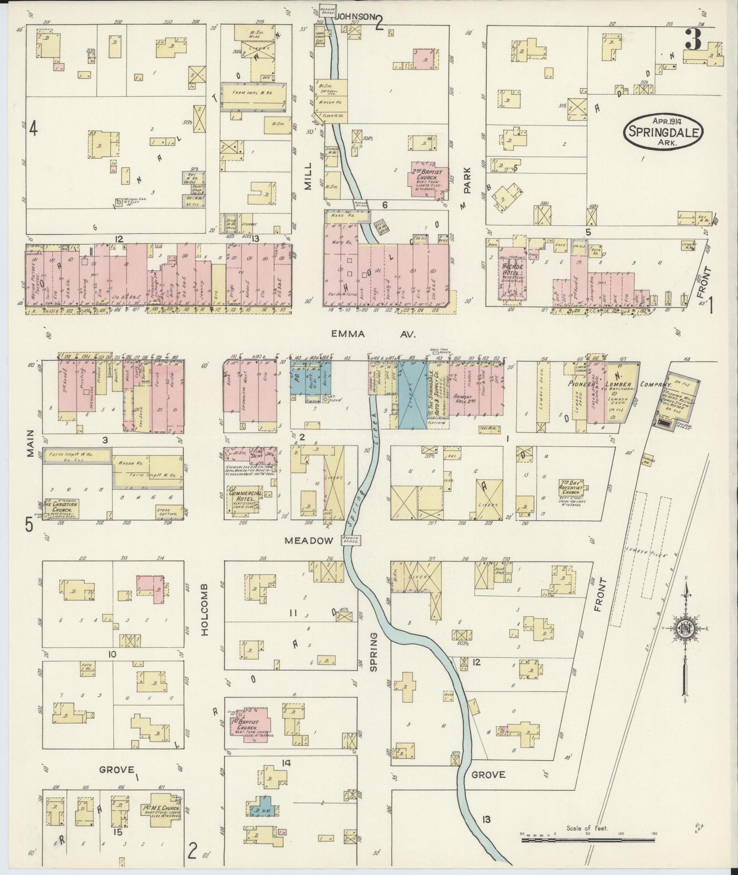 Sanborn Fire Insurance Map from Springdale, Washington County, Arkansas (1914), Sheet #0003 - Historic Sanborn Fire Insurance Map Print, vintage old map wall art, antique decor, genealogy gift, Arkansas Arkansas map