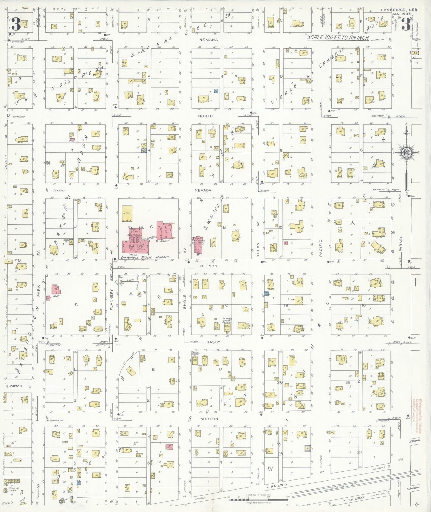 Sanborn Fire Insurance Map from Cambridge, Furnas County, Nebraska (1936), Sheet #0003 - Complete Map Set gallery image, historic Sanborn map, vintage wall art, Nebraska Nebraska