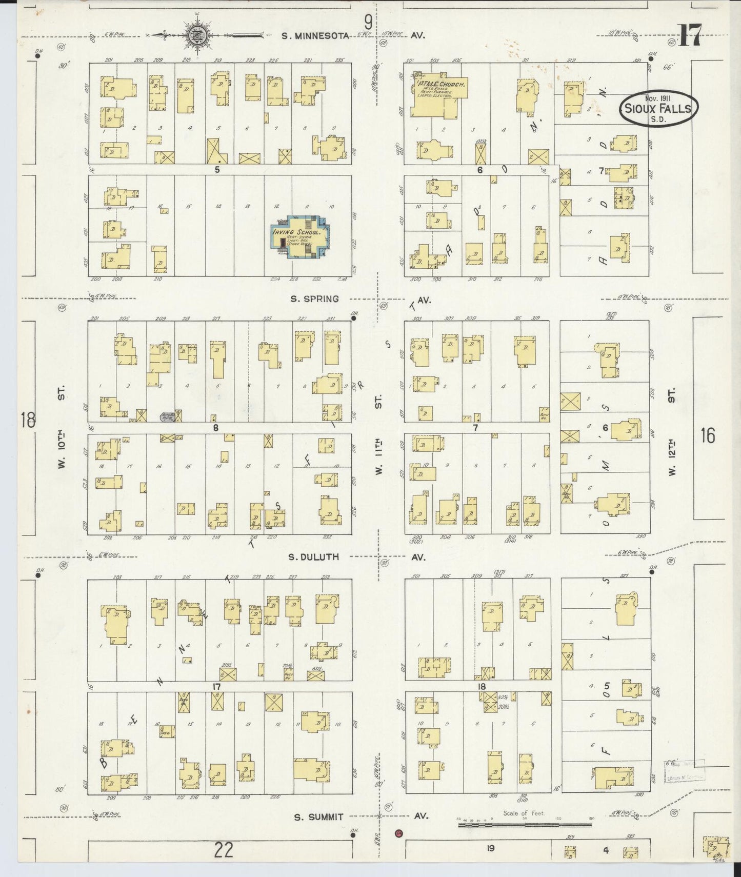 Sanborn Fire Insurance Map from Sioux Falls, Minnehaha County, South Dakota (1911), Sheet #0017 - Historic Sanborn Fire Insurance Map Print, vintage old map wall art, antique decor, genealogy gift, South Dakota South Dakota map