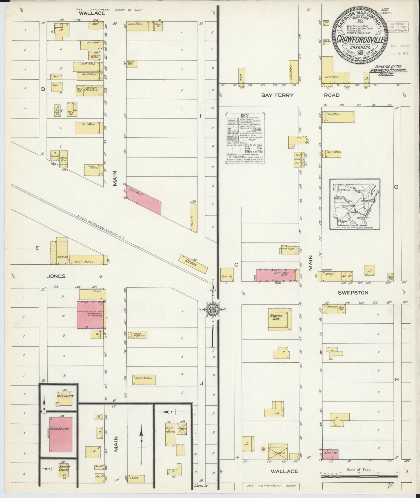 Sanborn Fire Insurance Map from Crawfordsville, Crittenden County, Arkansas (1913), Sheet #0001 - Historic Sanborn Fire Insurance Map Print, vintage old map wall art, antique decor, genealogy gift, Arkansas Arkansas map
