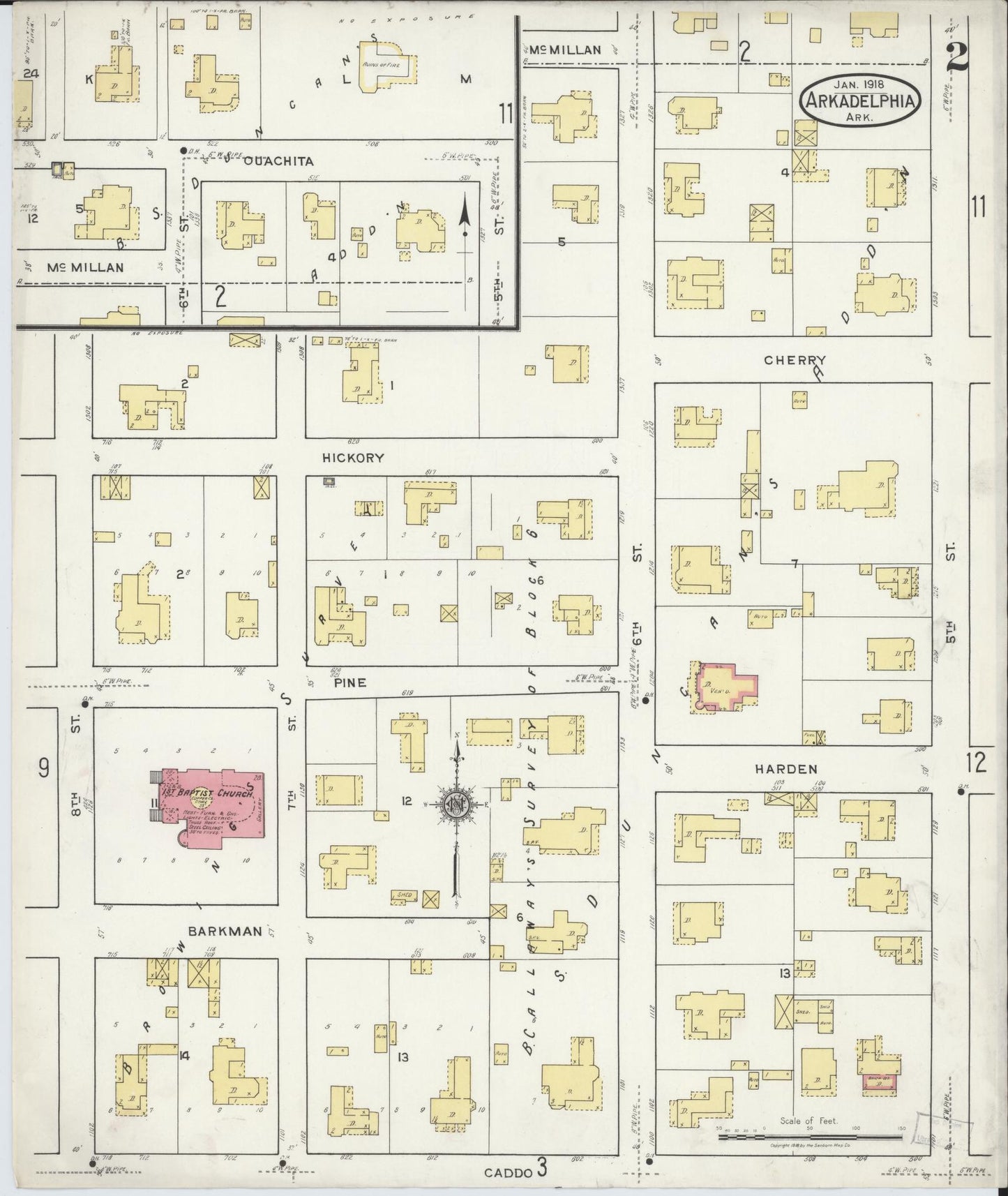 Sanborn Fire Insurance Map from Arkadelphia, Clark County, Arkansas (1918), Sheet #0002 - Historic Sanborn Fire Insurance Map Print, vintage old map wall art, antique decor, genealogy gift, Arkansas Arkansas map