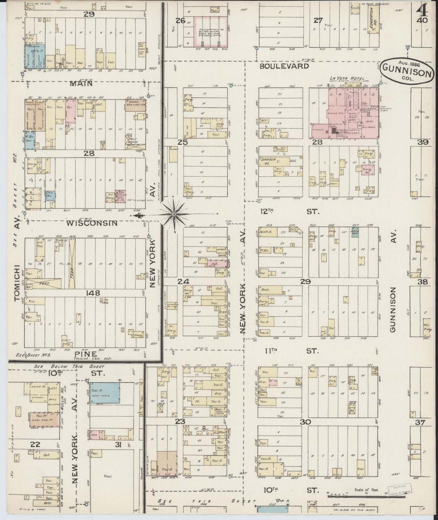 Sanborn Fire Insurance Map from Gunnison, Gunnison County, Colorado (1886), Sheet #0004 - Complete Map Set gallery image, historic Sanborn map, vintage wall art, Colorado Colorado