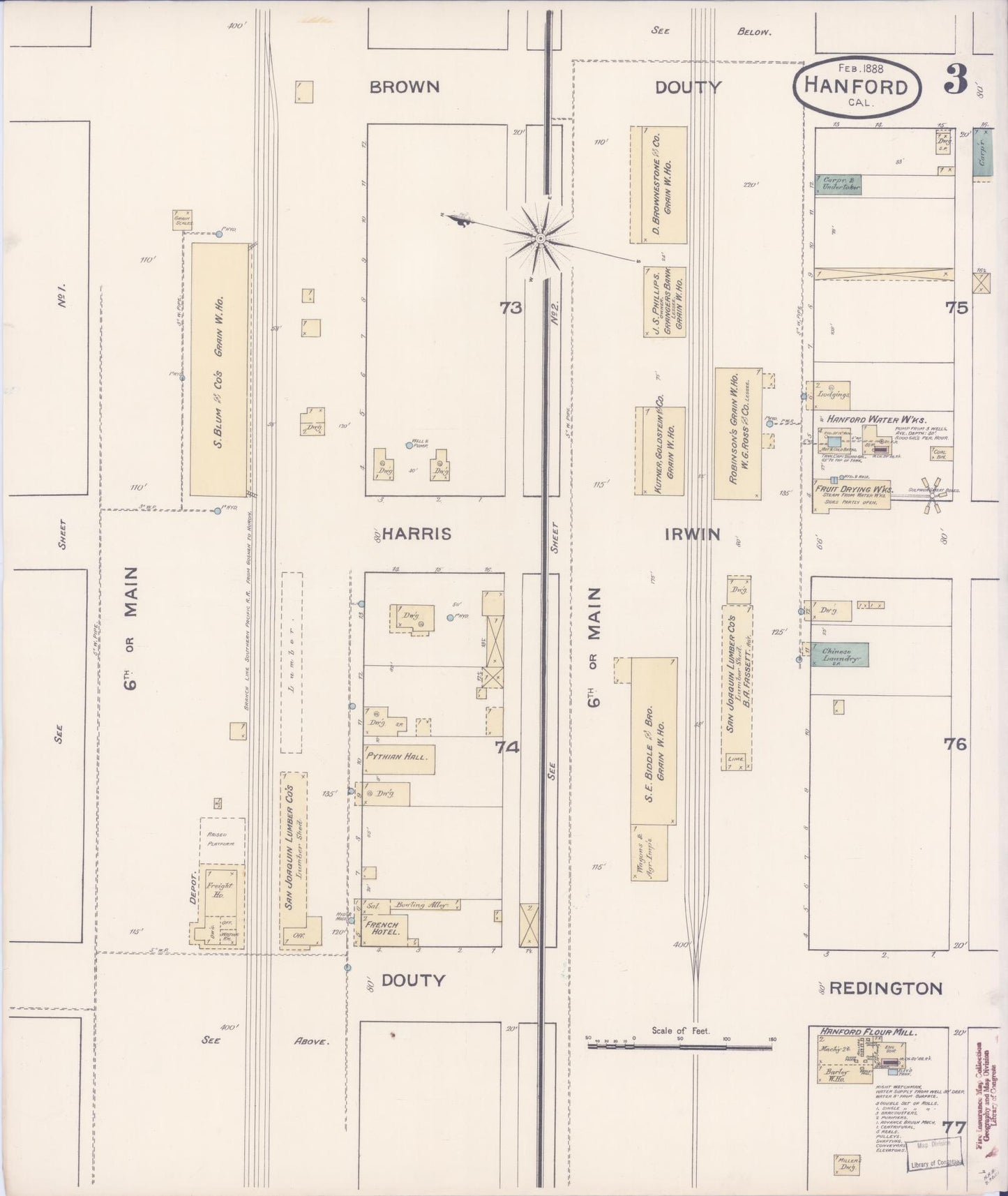 Sanborn Fire Insurance Map from Hanford, Kings County, California (1888), Sheet #0003 - Historic Sanborn Fire Insurance Map Print, vintage old map wall art, antique decor, genealogy gift, California California map