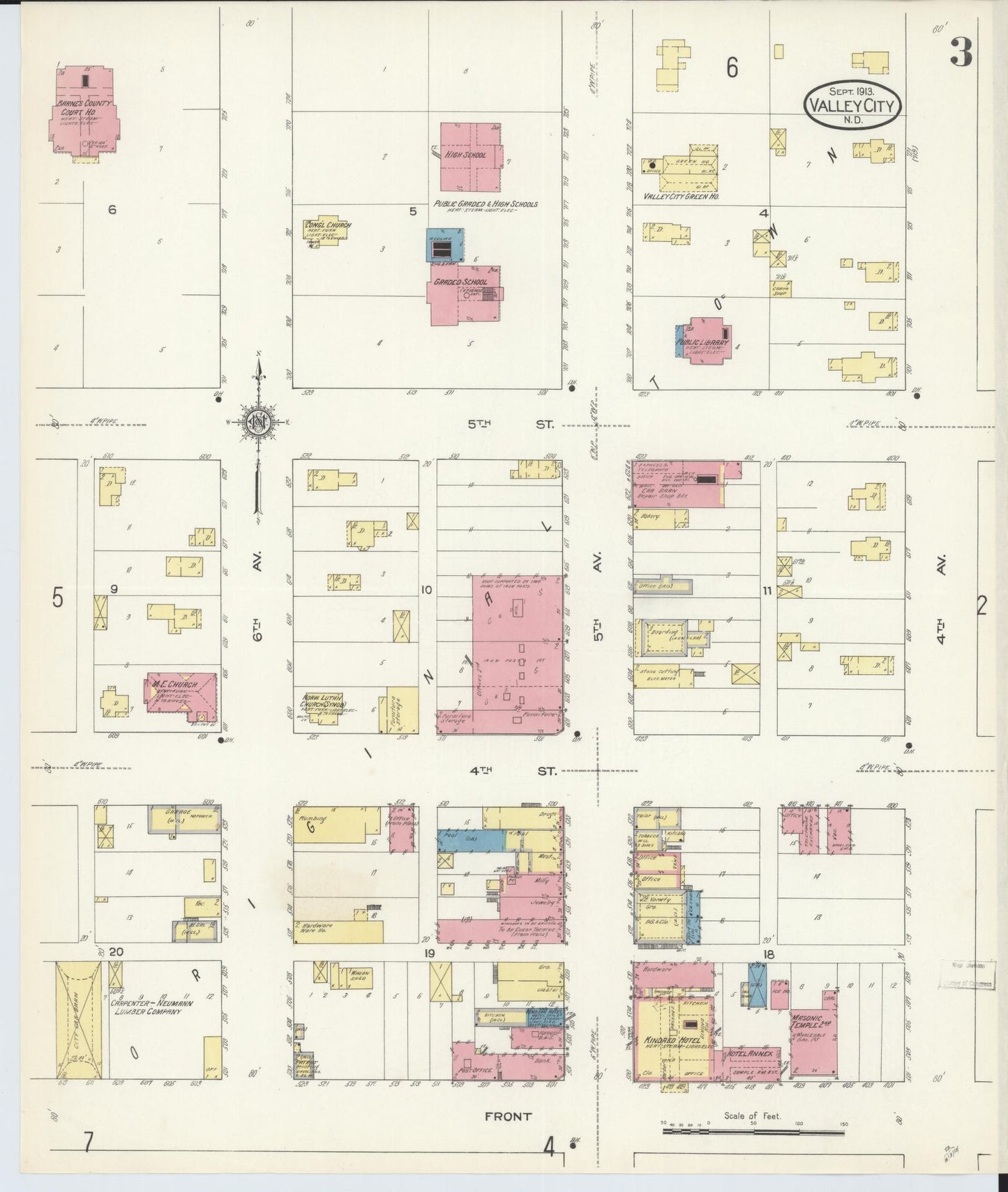 Sanborn Fire Insurance Map from Valley City, Barnes County, North Dakota (1913), Sheet #0003 - Historic Sanborn Fire Insurance Map Print, vintage old map wall art, antique decor, genealogy gift, North Dakota North Dakota map