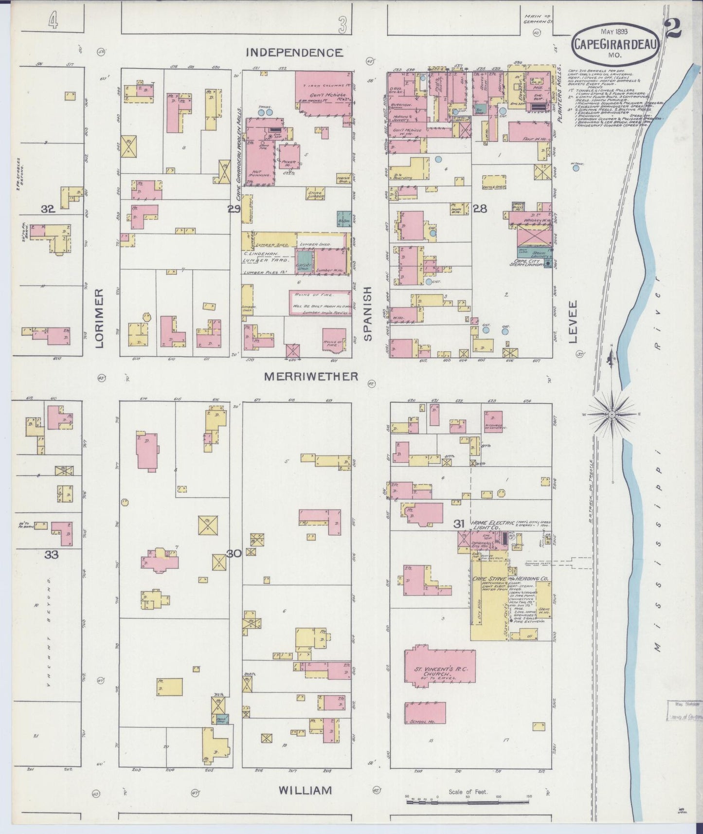 Sanborn Fire Insurance Map from Cape Girardeau, Cape Girardeau County, Missouri (1893), Sheet #0002 - Historic Sanborn Fire Insurance Map Print, vintage old map wall art, antique decor, genealogy gift, Missouri Missouri map