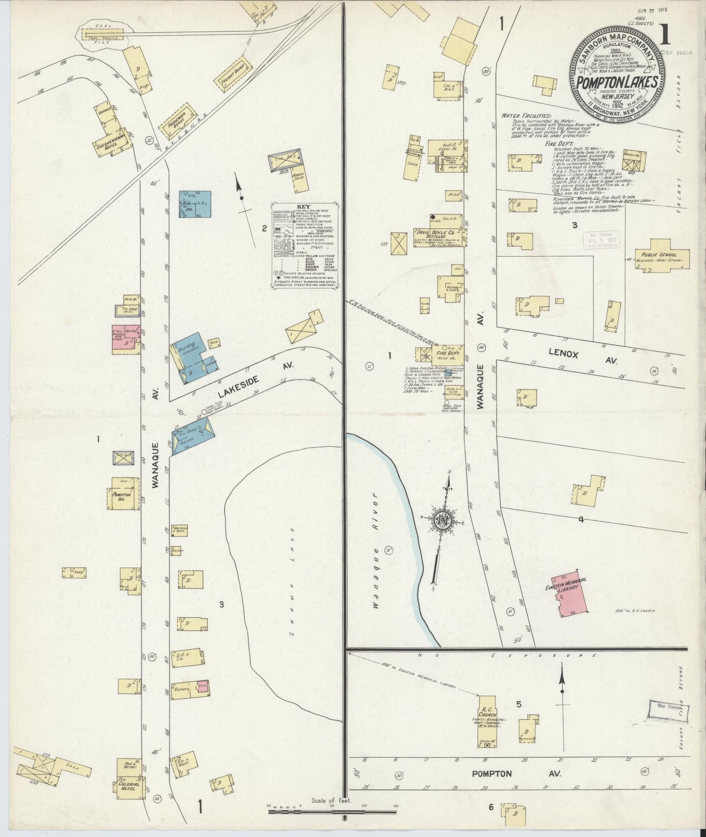 Sanborn Fire Insurance Map from Pompton Lakes, Passaic County, New Jersey. (1912) – Historic Sanborn Fire Insurance Map Print