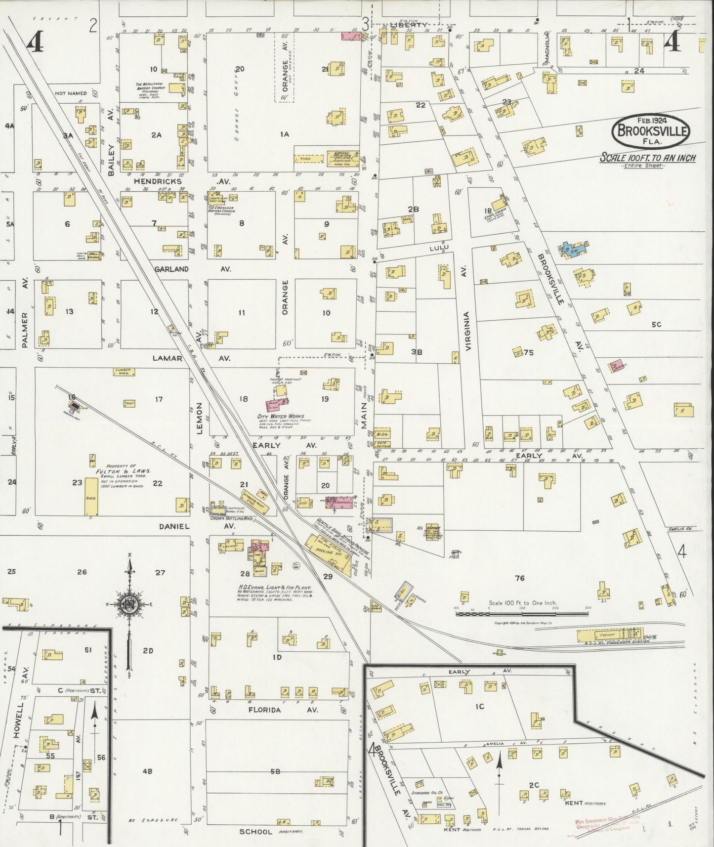 Sanborn Fire Insurance Map from Brooksville, Hernando County, Florida (1924), Sheet #0004 - Complete Map Set gallery image, historic Sanborn map, vintage wall art, Florida Florida