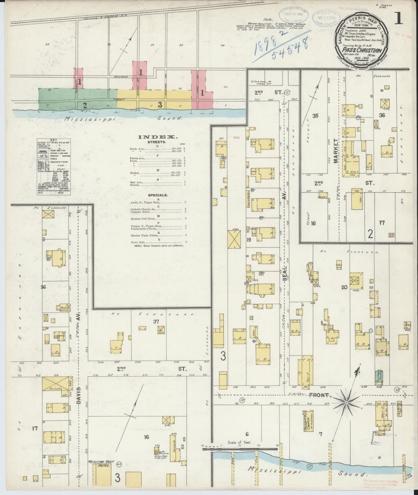 Sanborn Fire Insurance Map from Pass Christian, Harrison County, Mississippi (1898), Sheet #0001 - Historic Sanborn Fire Insurance Map Print, vintage old map wall art, antique decor, genealogy gift, Mississippi Mississippi map