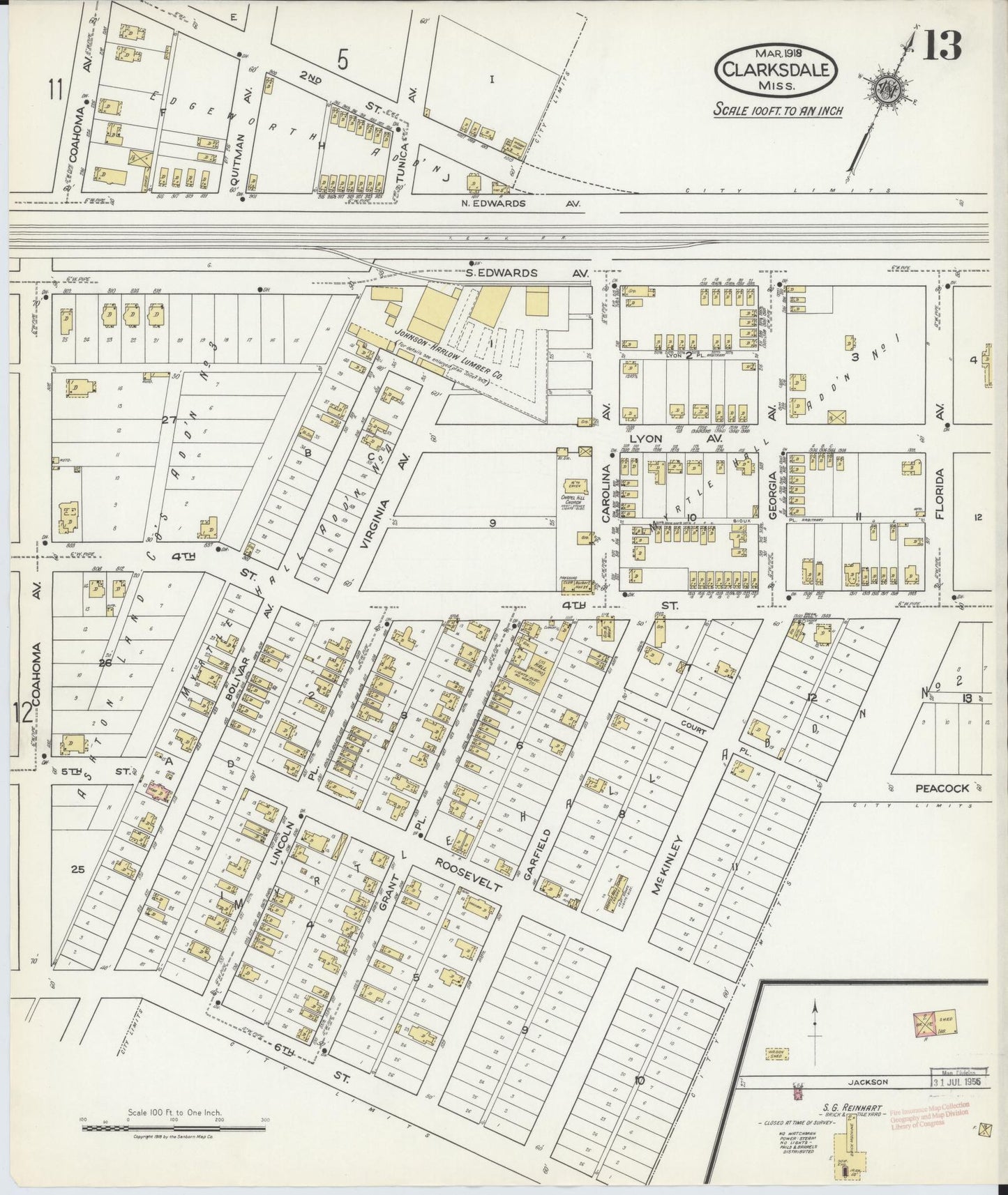 Sanborn Fire Insurance Map from Clarksdale, Coahoma County, Mississippi (1918), Sheet #0013 - Historic Sanborn Fire Insurance Map Print, vintage old map wall art, antique decor, genealogy gift, Mississippi Mississippi map
