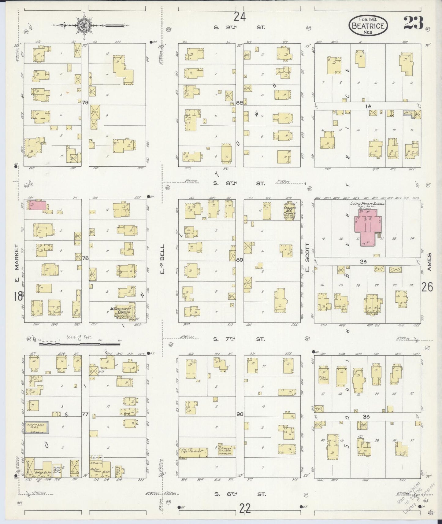 Sanborn Fire Insurance Map from Beatrice, Gage County, Nebraska (1913), Sheet #0023 - Historic Sanborn Fire Insurance Map Print, vintage old map wall art, antique decor, genealogy gift, Nebraska Nebraska map