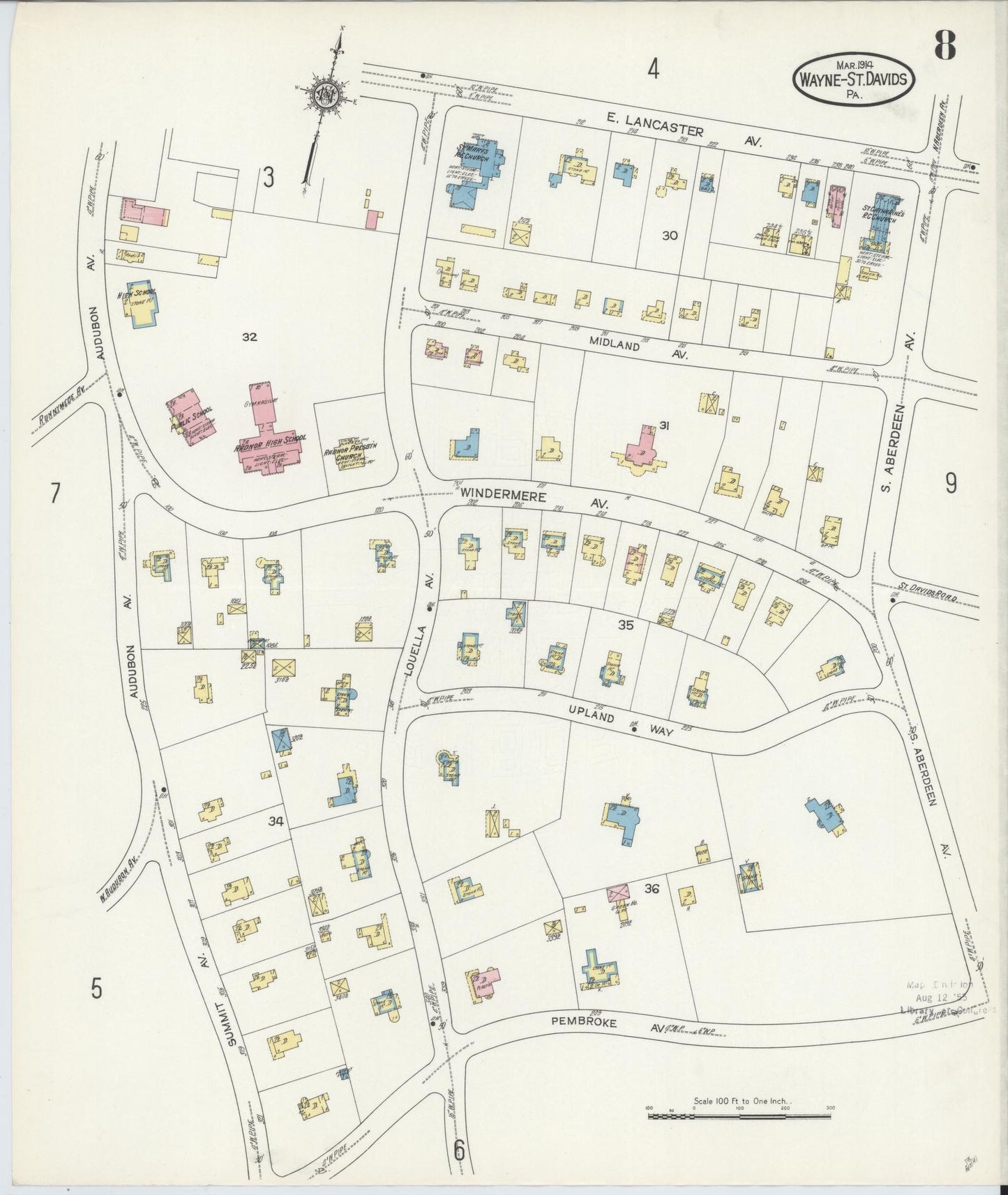 Sanborn Fire Insurance Map from Wayne, Delaware County, Pennsylvania (1914), Sheet #0008 - Historic Sanborn Fire Insurance Map Print, vintage old map wall art, antique decor, genealogy gift, Wayne Delaware map
