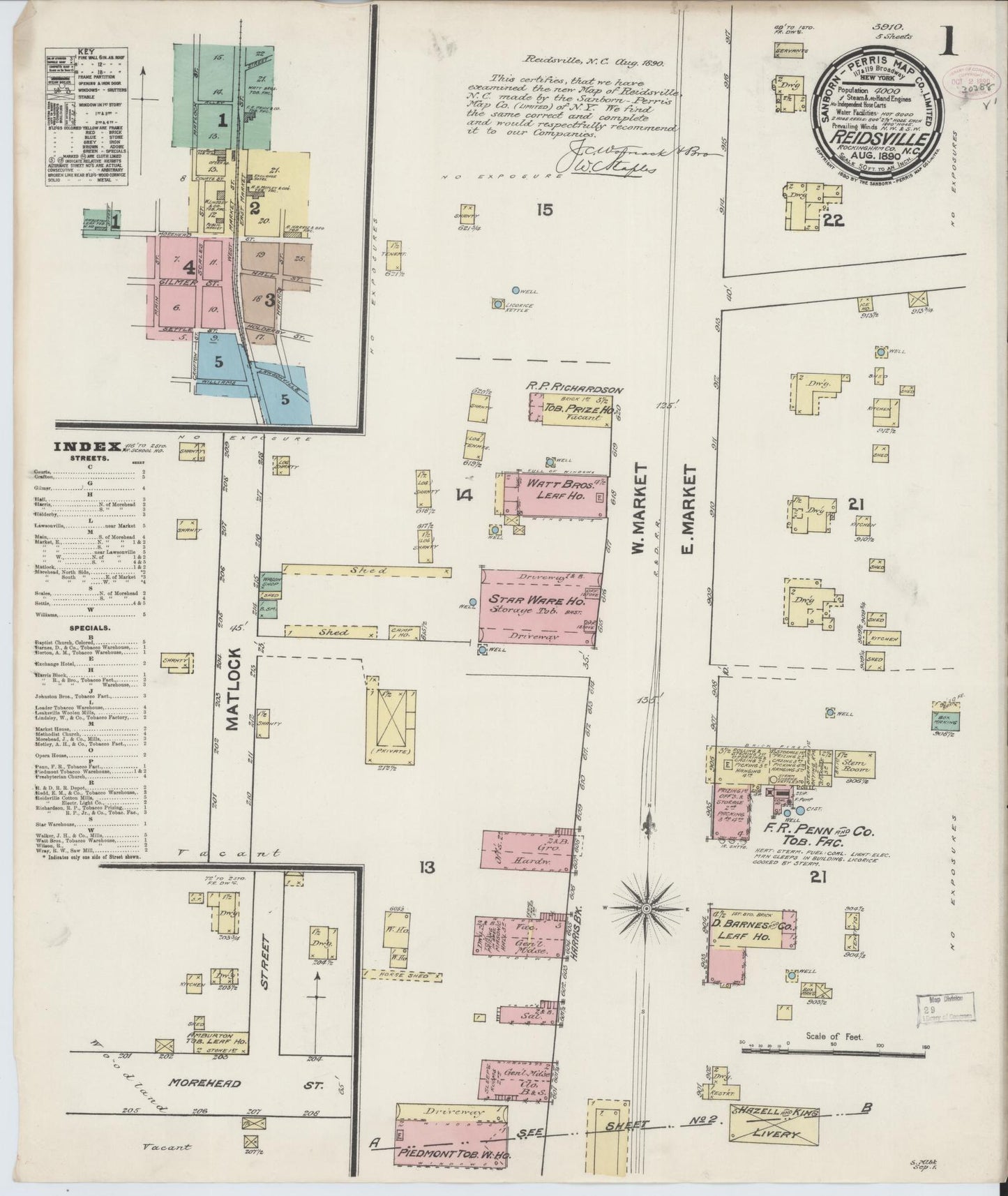 Sanborn Fire Insurance Map from Reidsville, Rockingham County, North Carolina (1890), Sheet #0001 - Historic Sanborn Fire Insurance Map Print, vintage old map wall art, antique decor, genealogy gift, North Carolina North Carolina map