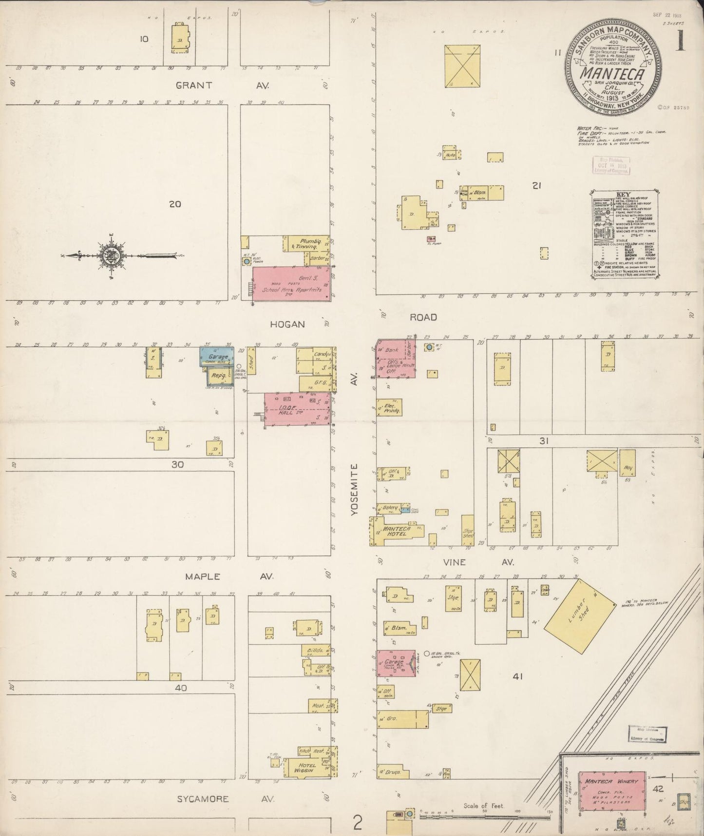 Sanborn Fire Insurance Map from Manteca, San Joaquin County, California (1913), Sheet #0001 - Historic Sanborn Fire Insurance Map Print, vintage old map wall art, antique decor, genealogy gift, California California map