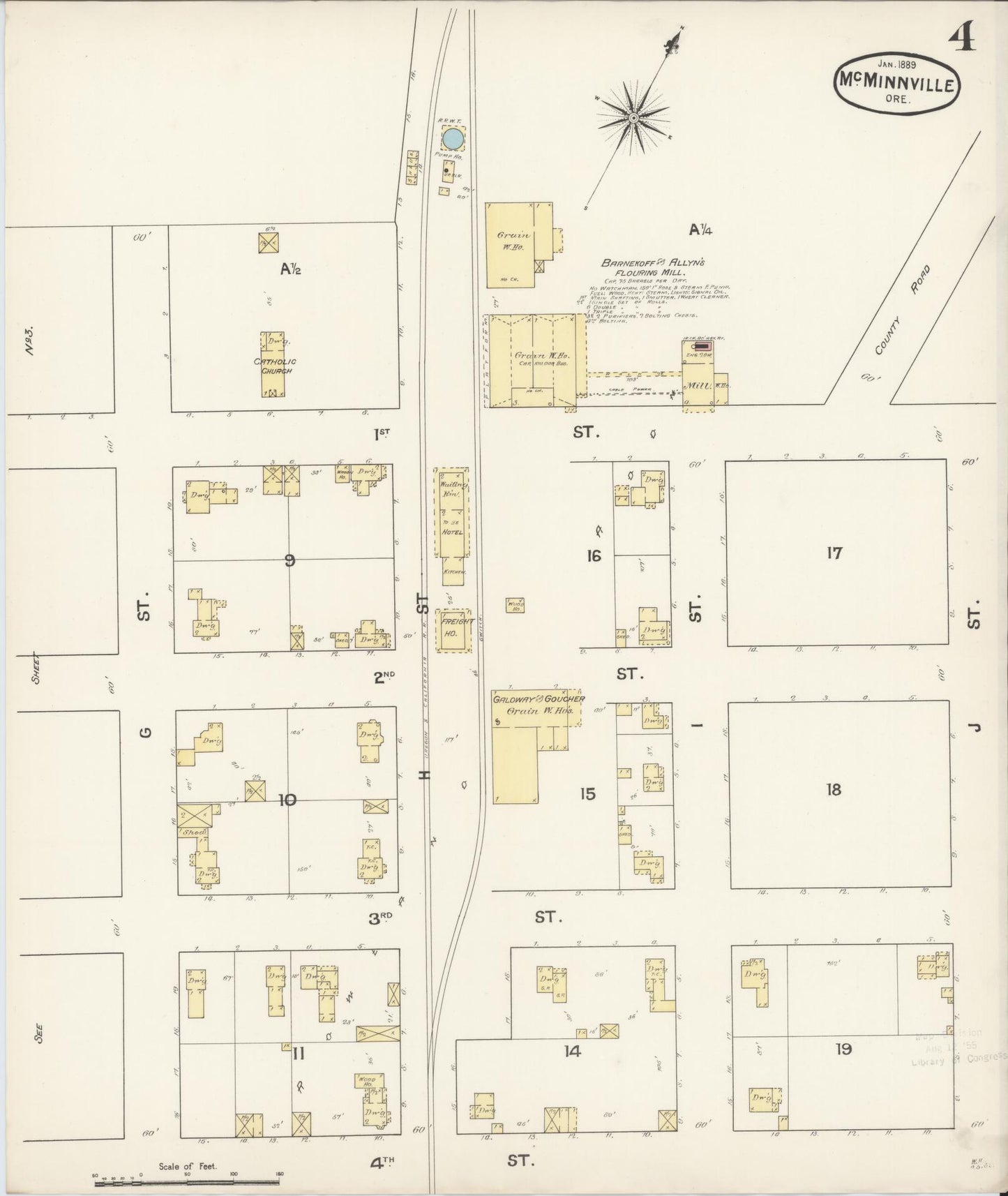 Sanborn Fire Insurance Map from McMinnville, Yamhill County, Oregon (1889), Sheet #0004 - Complete Map Set gallery image, historic Sanborn map, vintage wall art, Oregon Oregon
