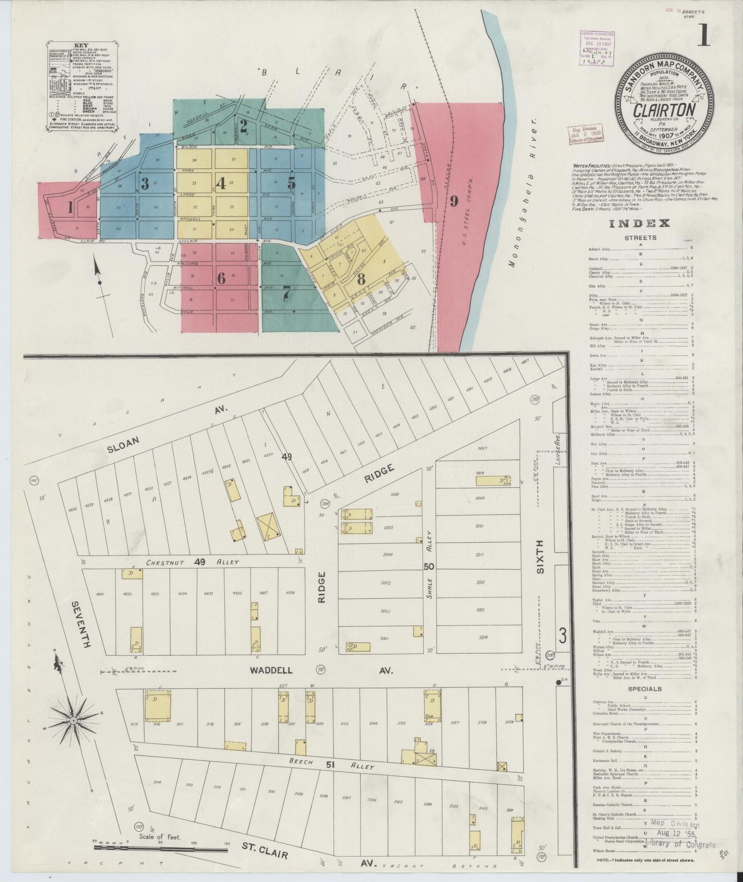 Sanborn Fire Insurance Map from Clairton, Allegheny County, Pennsylvania (1907), Sheet #0001 - Historic Sanborn Fire Insurance Map Print, vintage old map wall art, antique decor, genealogy gift, Pennsylvania Pennsylvania map