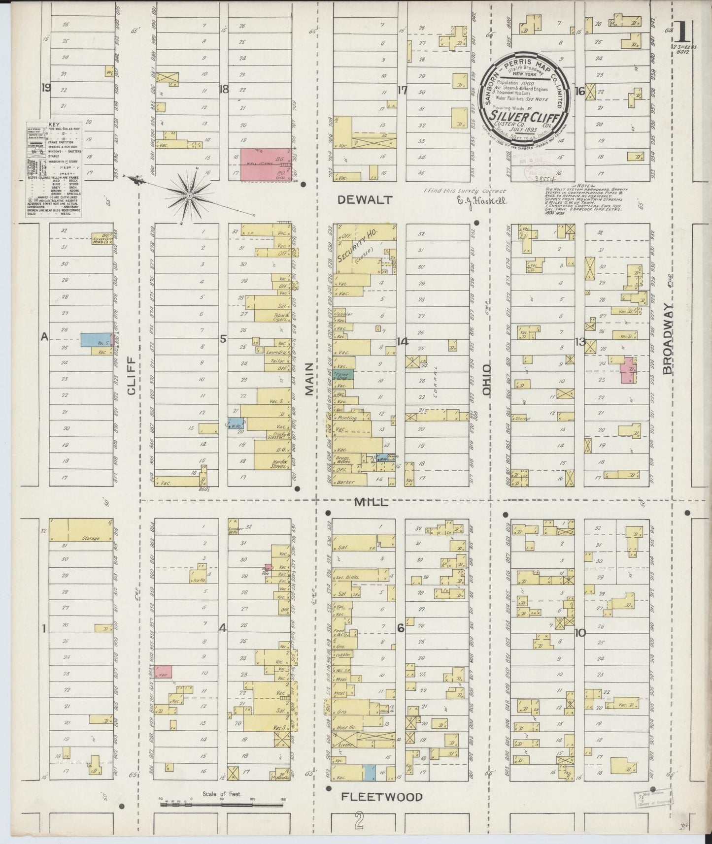 Sanborn Fire Insurance Map from Silver Cliff, Custer County, Colorado (1893), Sheet #0001 - Historic Sanborn Fire Insurance Map Print, vintage old map wall art, antique decor, genealogy gift, Colorado Colorado map