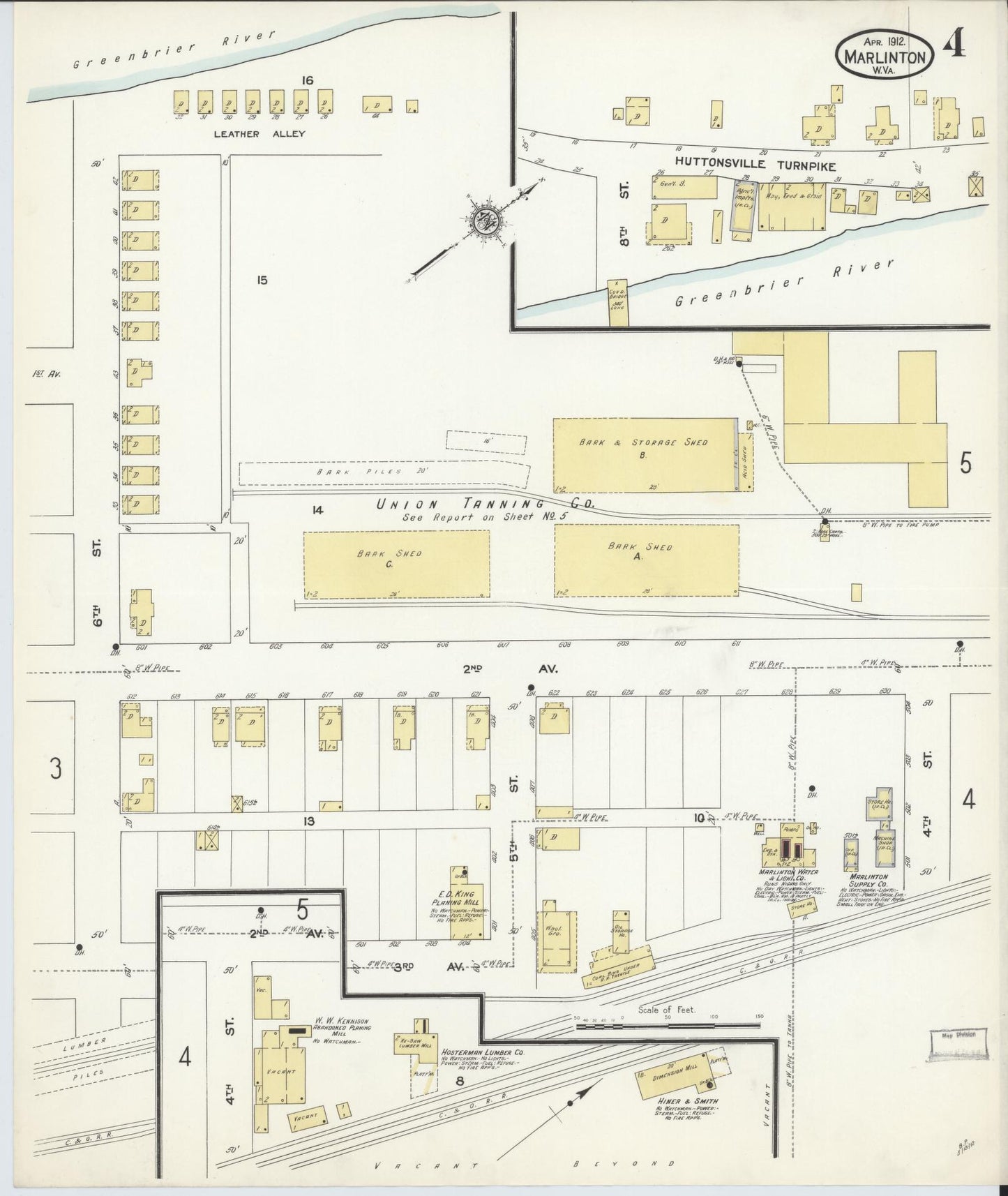 Sanborn Fire Insurance Map from Marlinton, Pocahontas County, West Virginia (1912), Sheet #0004 - Historic Sanborn Fire Insurance Map Print, vintage old map wall art, antique decor, genealogy gift, West Virginia West Virginia map