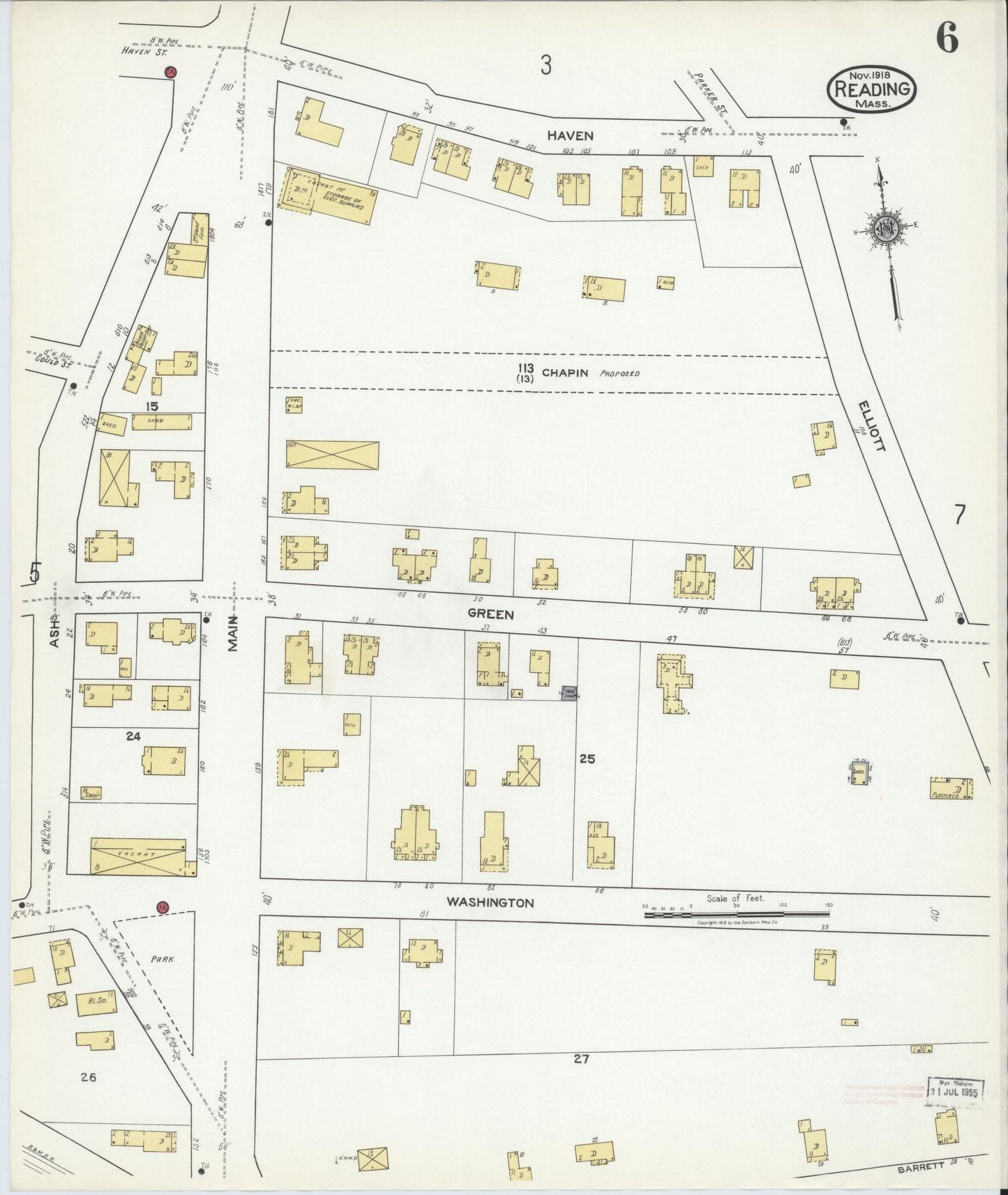 Sanborn Fire Insurance Map from Reading, Middlesex County, Massachusetts (1918), Sheet #0006 - Historic Sanborn Fire Insurance Map Print, vintage old map wall art, antique decor, genealogy gift, Massachusetts Massachusetts map