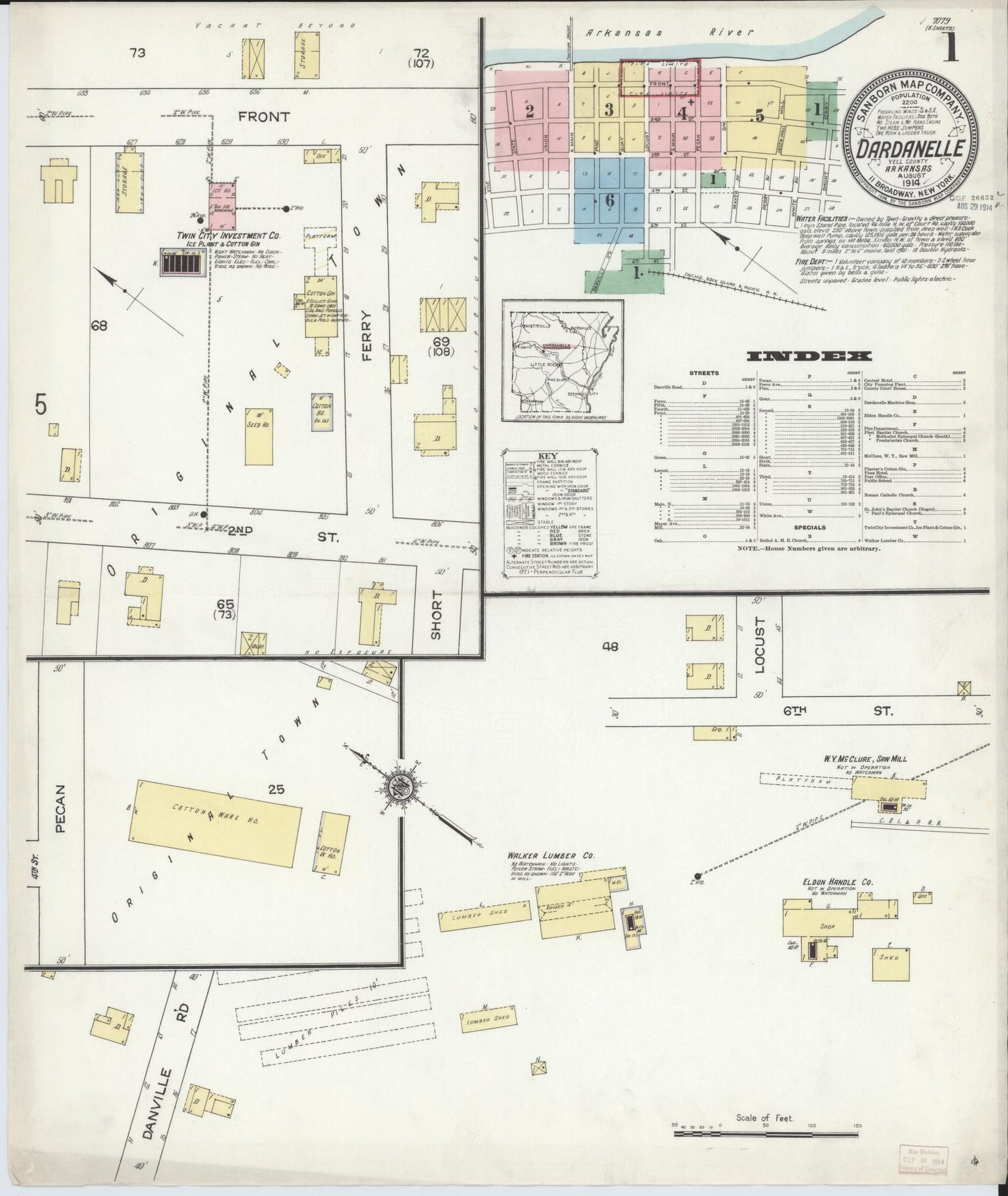Sanborn Fire Insurance Map from Dardanelle, Yell County, Arkansas (1914), Sheet #0001 - Historic Sanborn Fire Insurance Map Print, vintage old map wall art, antique decor, genealogy gift, Arkansas Arkansas map
