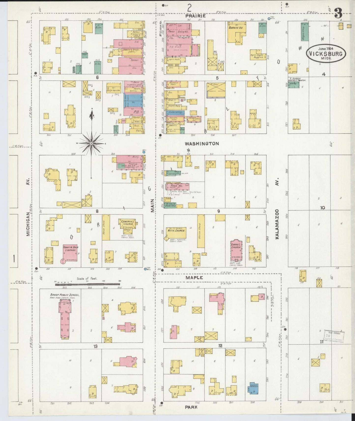 Sanborn Fire Insurance Map from Vicksburg, Kalamazoo County, Michigan (1904), Sheet #0003 - Complete Map Set gallery image, historic Sanborn map, vintage wall art, Michigan Michigan