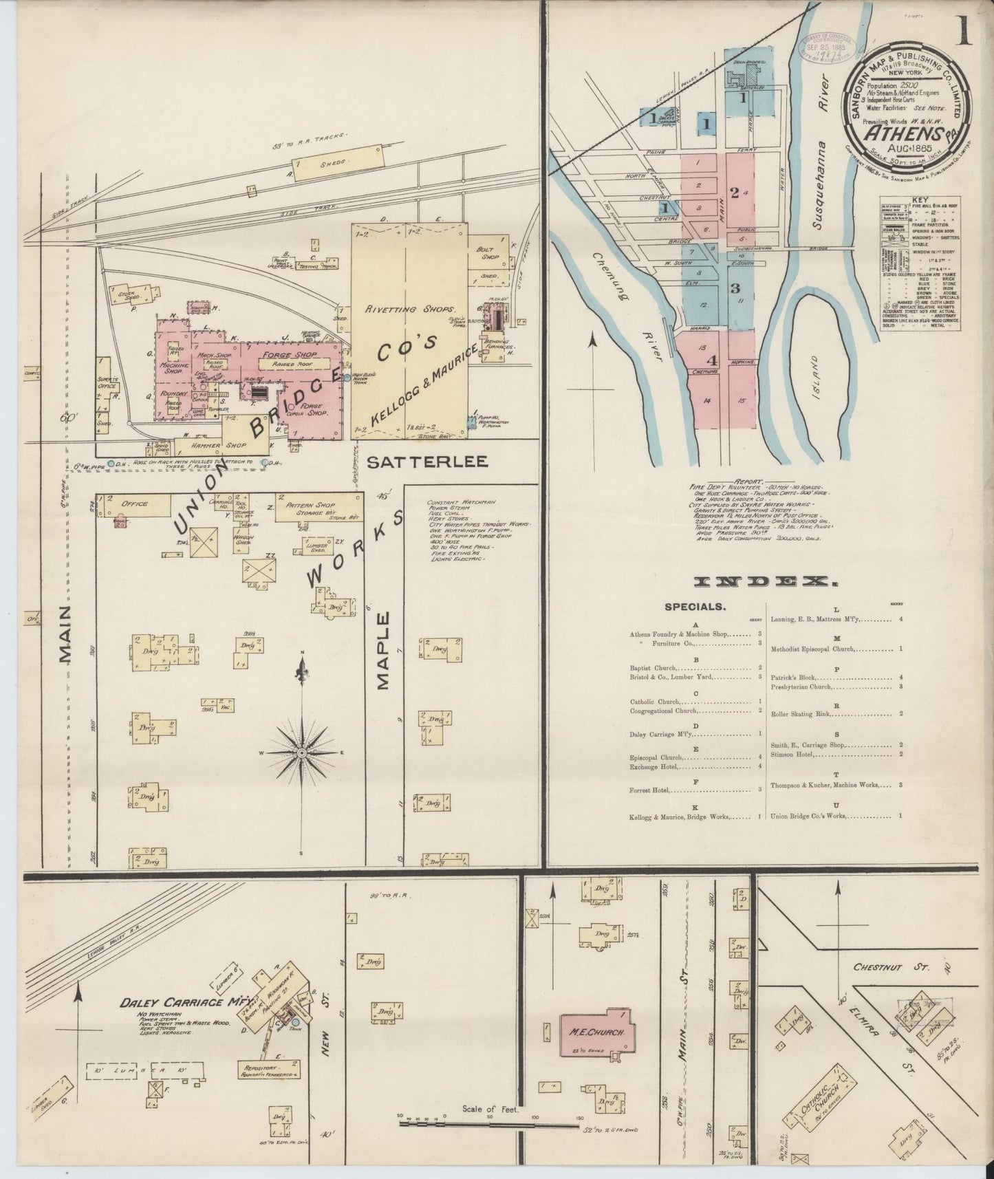 Sanborn Fire Insurance Map from Athens, Bradford County, Pennsylvania (1885), Sheet #0001 - Historic Sanborn Fire Insurance Map Print, vintage old map wall art, antique decor, genealogy gift, Pennsylvania Pennsylvania map