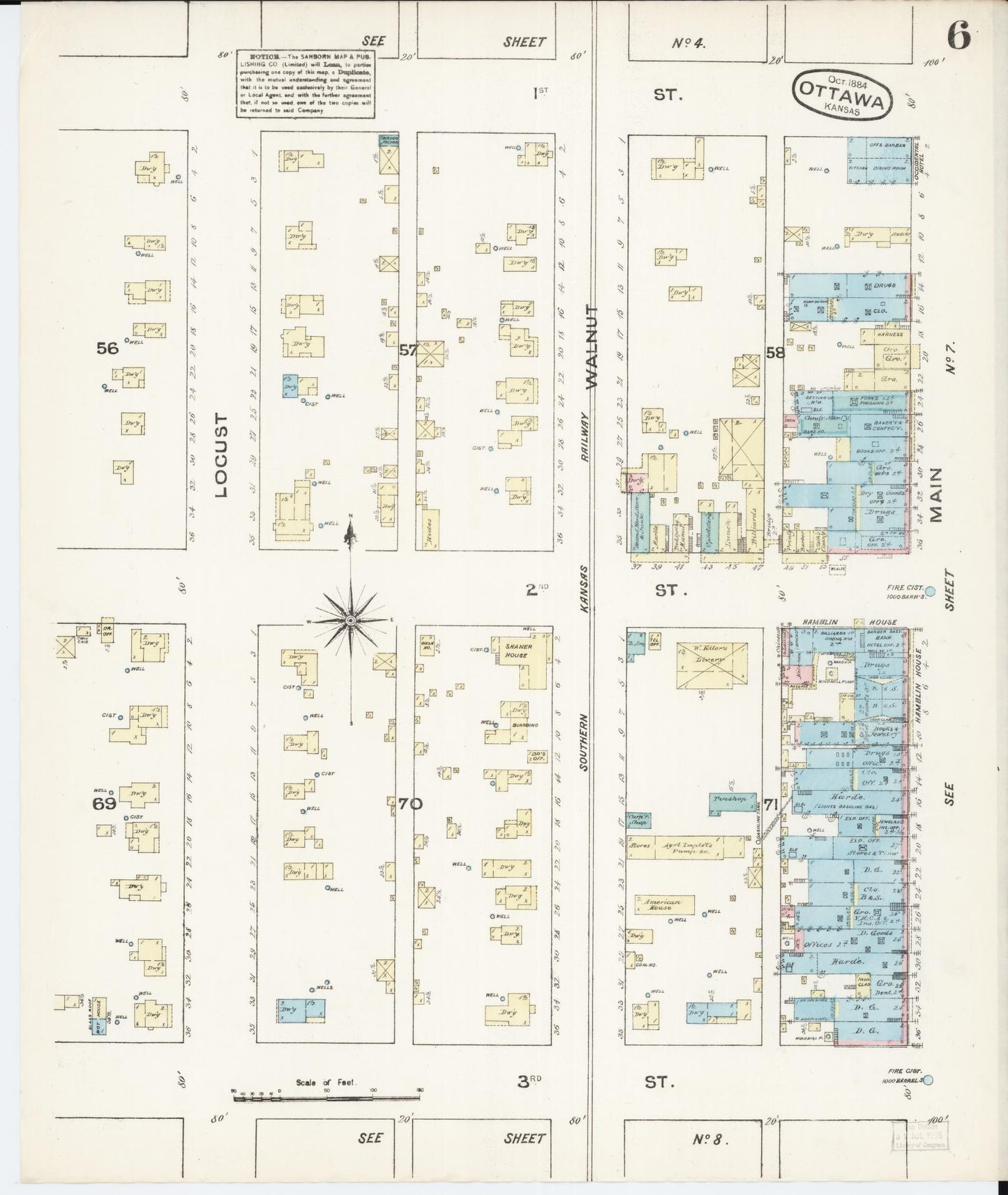 Sanborn Fire Insurance Map from Ottawa, Franklin County, Kansas (1884), Sheet #0006 - Historic Sanborn Fire Insurance Map Print, vintage old map wall art, antique decor, genealogy gift, Kansas Kansas map