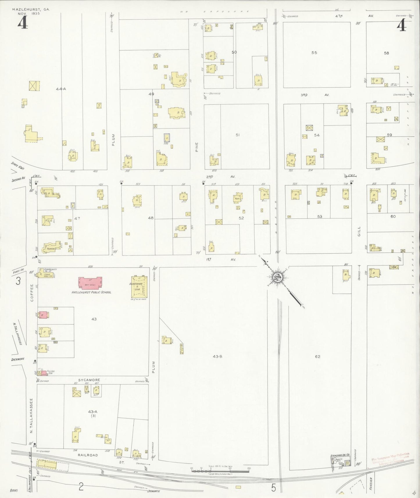 Sanborn Fire Insurance Map from Hazlehurst, Jeff Davis County, Georgia (1935), Sheet #0004 - Historic Sanborn Fire Insurance Map Print, vintage old map wall art, antique decor, genealogy gift, Georgia Georgia map